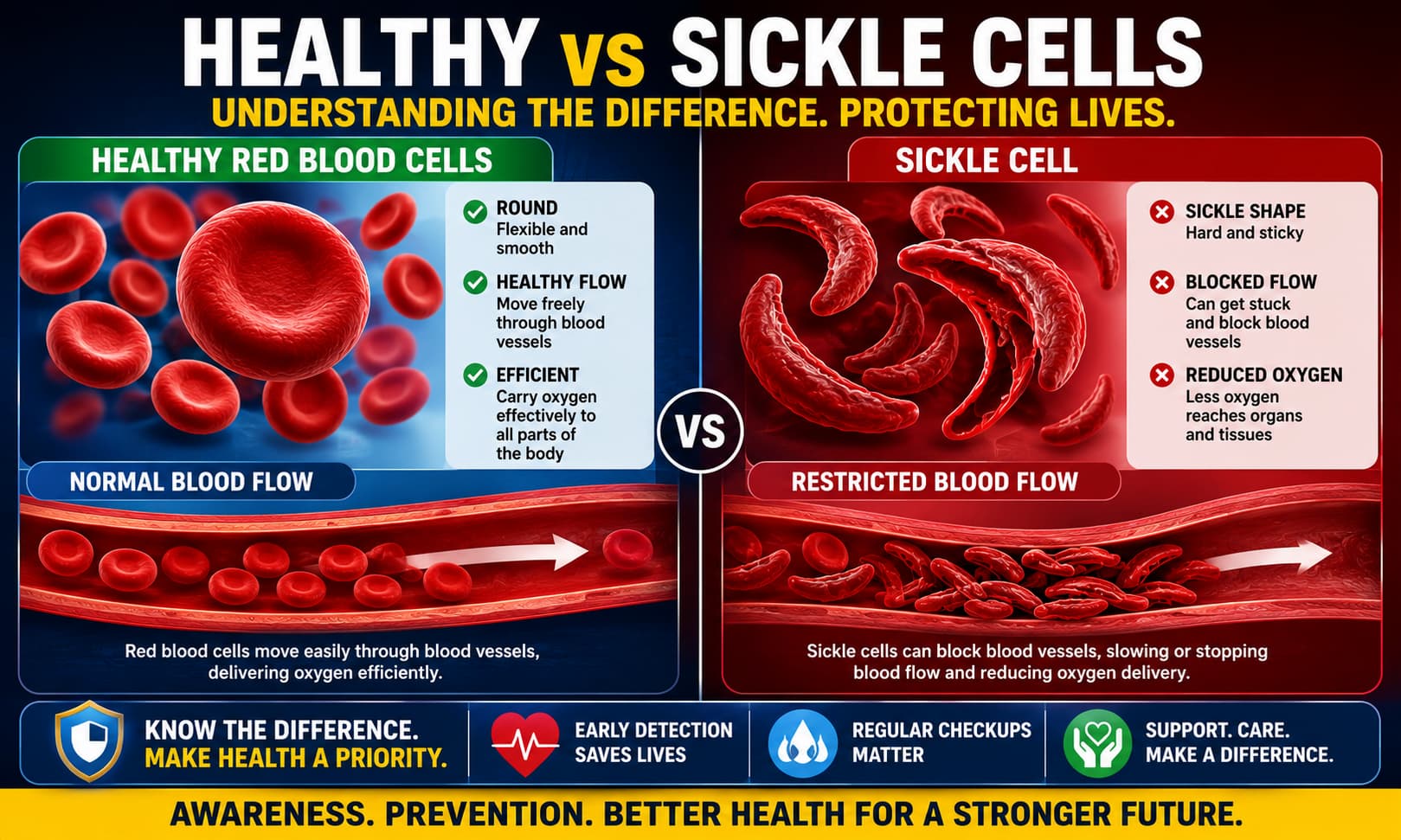 Medical illustration comparing healthy round red blood cells with sickle-shaped cells, showing how blood flow may be affected.