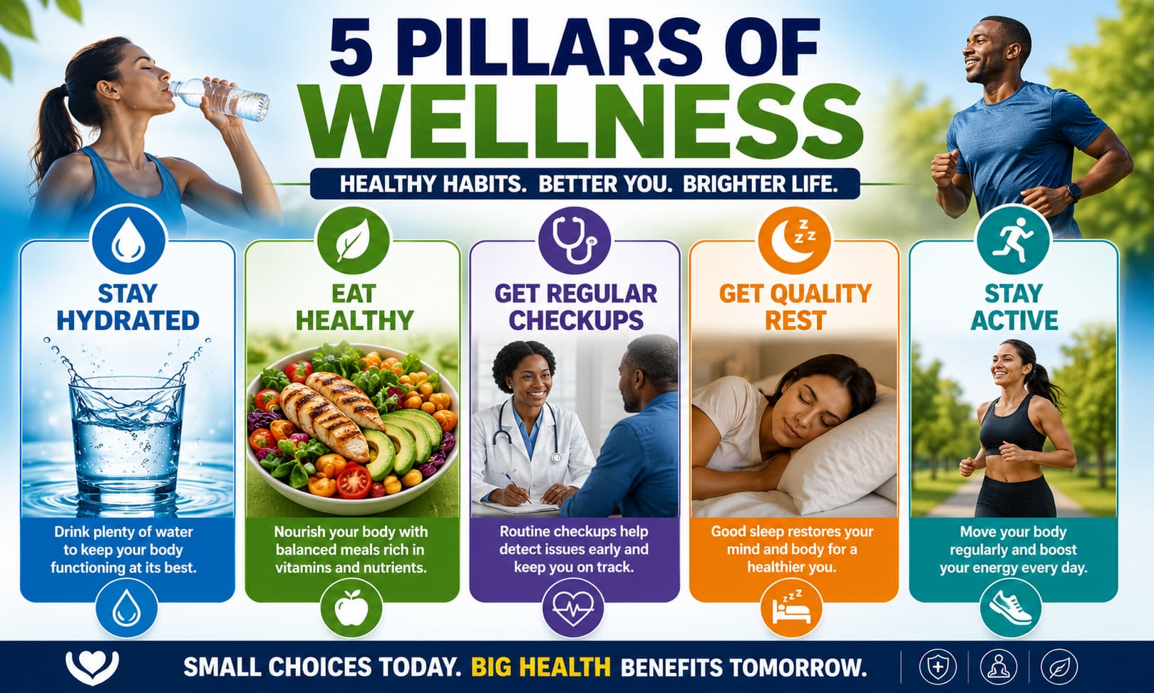 Wellness infographic featuring hydration, healthy foods, regular checkups, rest, and active lifestyle habits.
