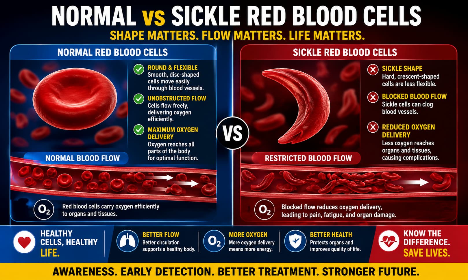 Medical illustration comparing normal round red blood cells with sickle-shaped red blood cells, showing differences in blood flow and oxygen delivery.
