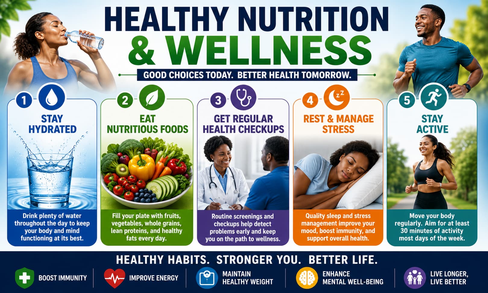 Healthy nutrition and wellness infographic featuring hydration, fruits, vegetables, routine health screenings, and active lifestyle habits.