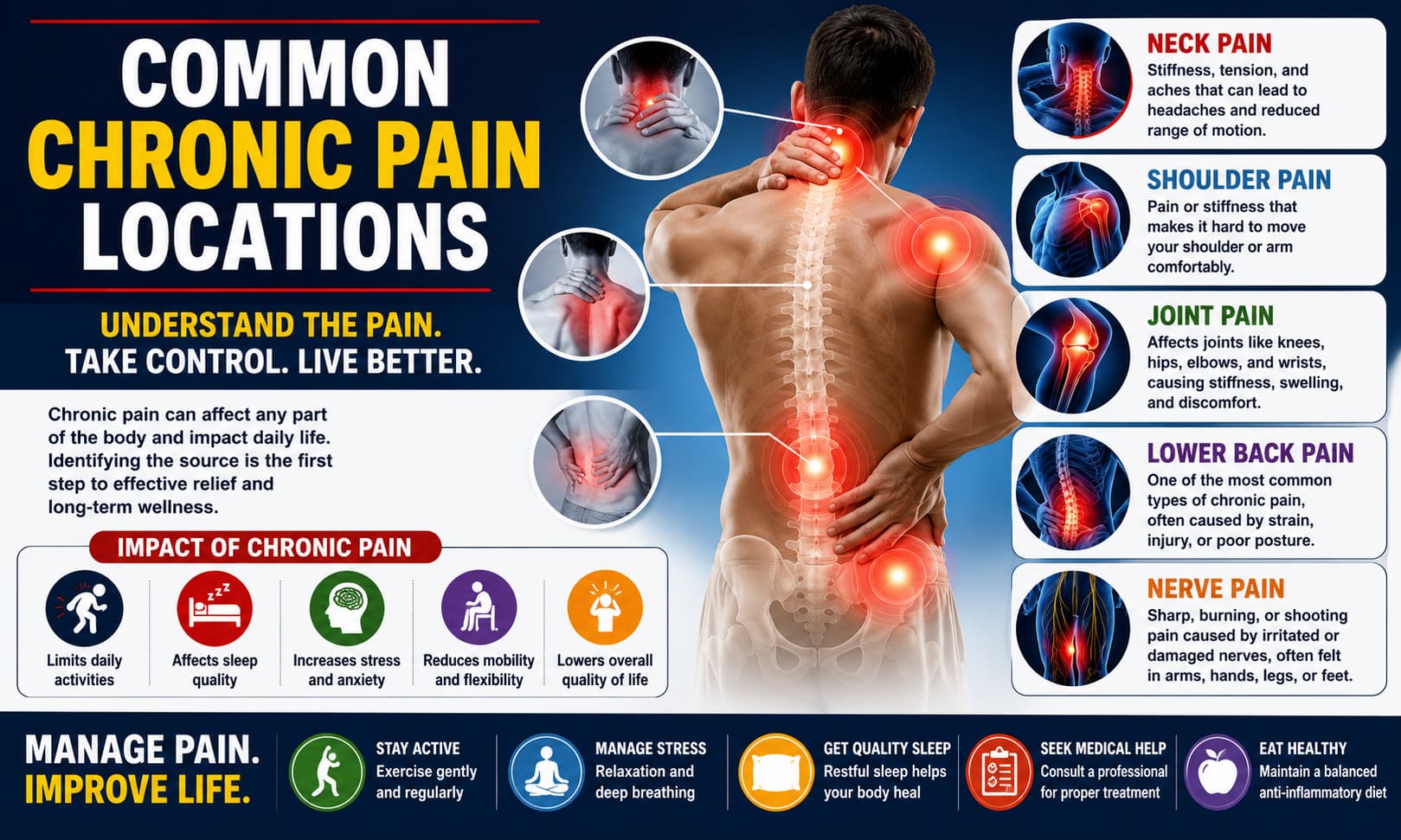 Medical illustration showing common chronic pain locations, including the lower back, neck, shoulders, joints, and nerves.
