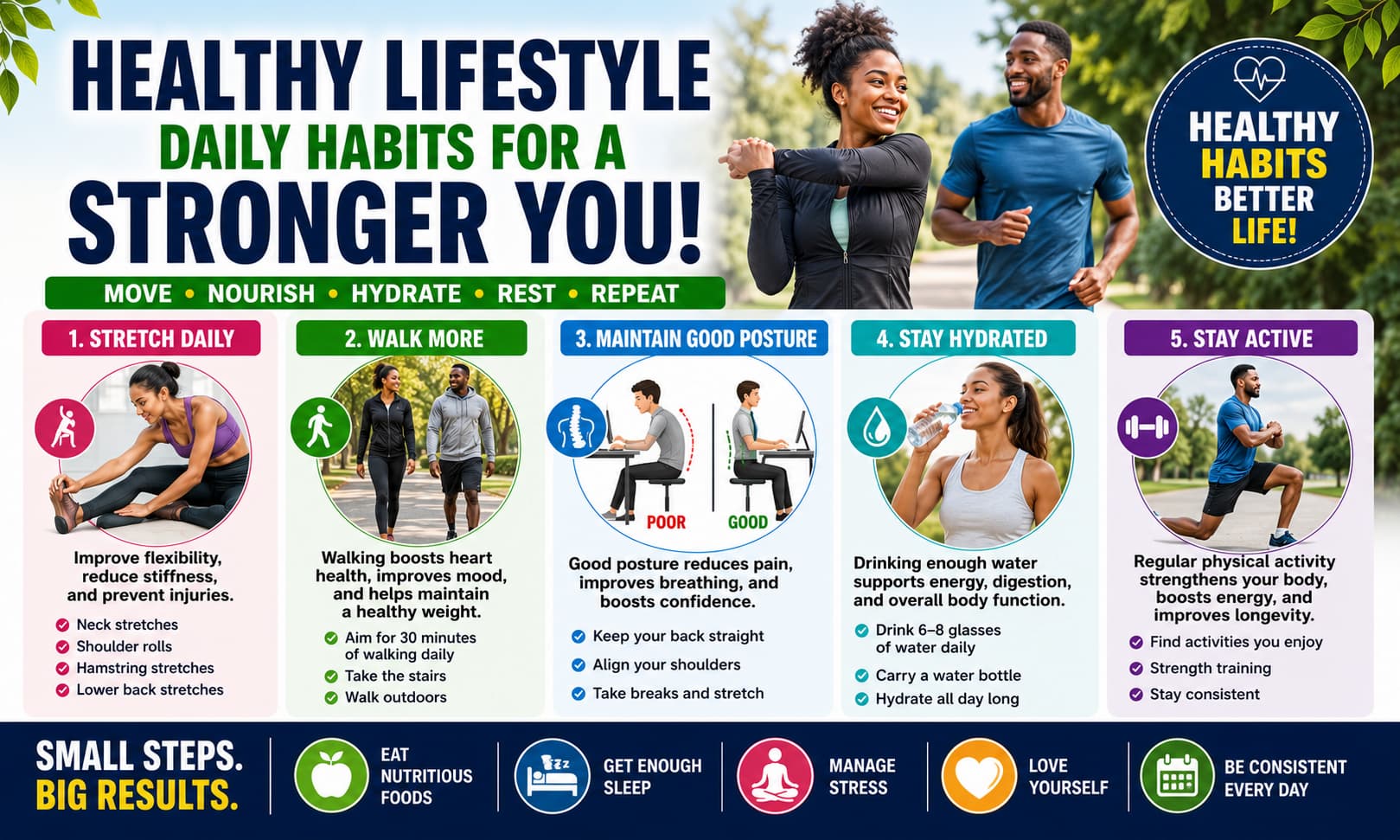 Healthy lifestyle infographic showing stretching routines, walking, posture exercises, hydration, and wellness-focused physical activity.