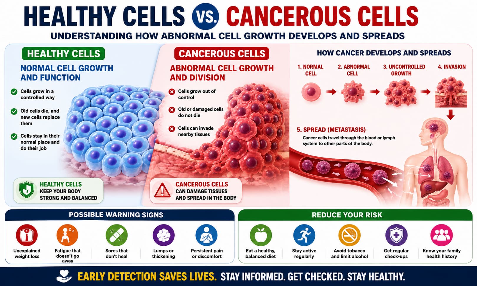 Educational medical illustration comparing healthy cells with cancerous cells, showing how abnormal cell growth develops and spreads within the body.