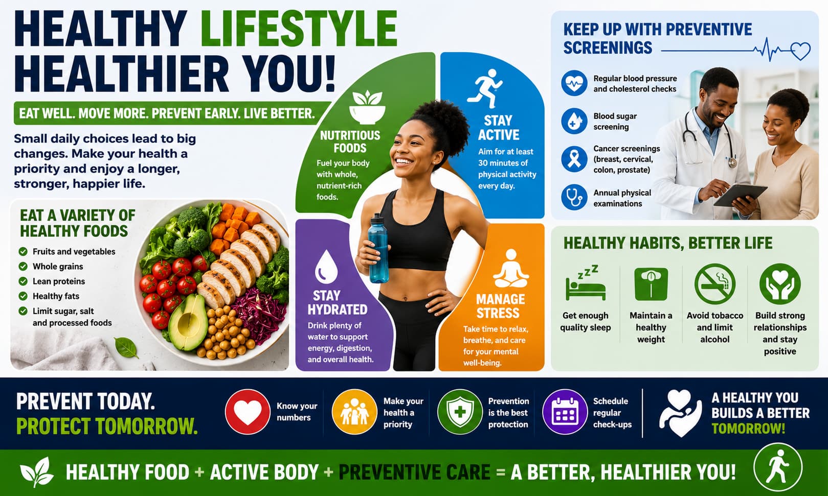 A healthy lifestyle infographic showing nutritious foods, exercise, preventive screenings, and wellness-focused healthcare imagery.