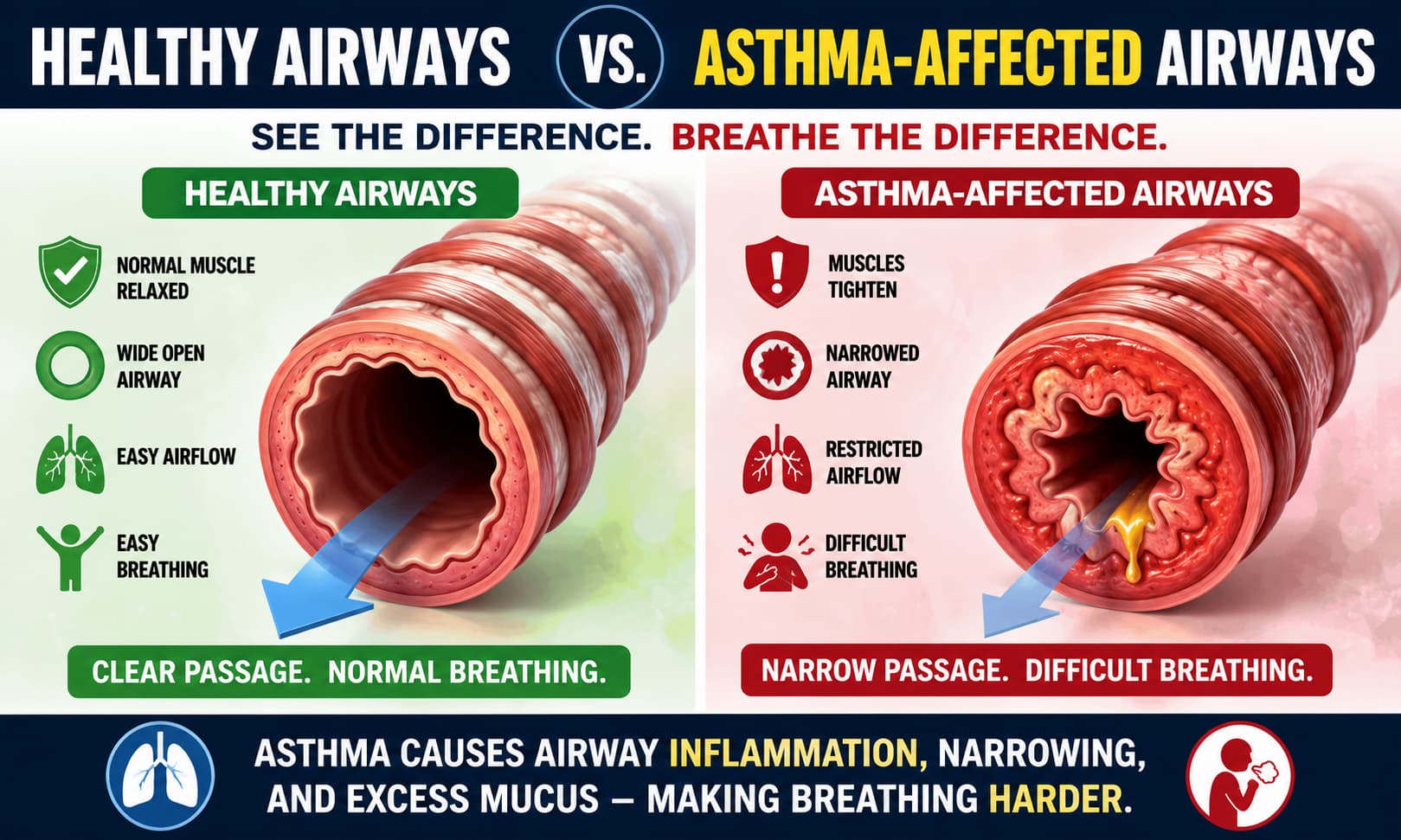 Medical illustration comparing healthy airways with inflamed asthma-affected airways, showing airway narrowing and restricted airflow.