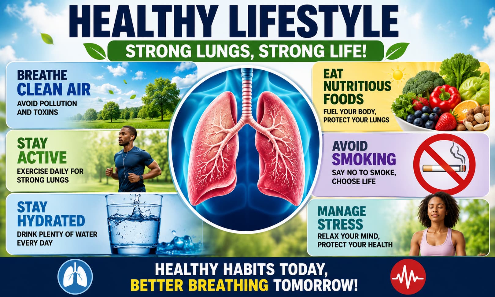 Healthy lifestyle infographic showing clean air, exercise, hydration, nutritious foods, and healthy lung imagery.