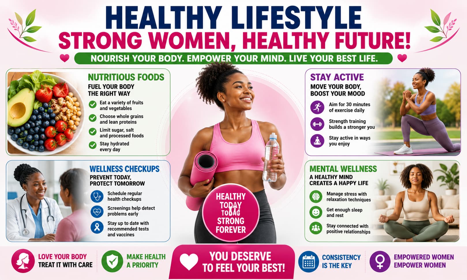 A healthy lifestyle infographic featuring nutritious foods, exercise, wellness checkups, and women-focused health imagery.