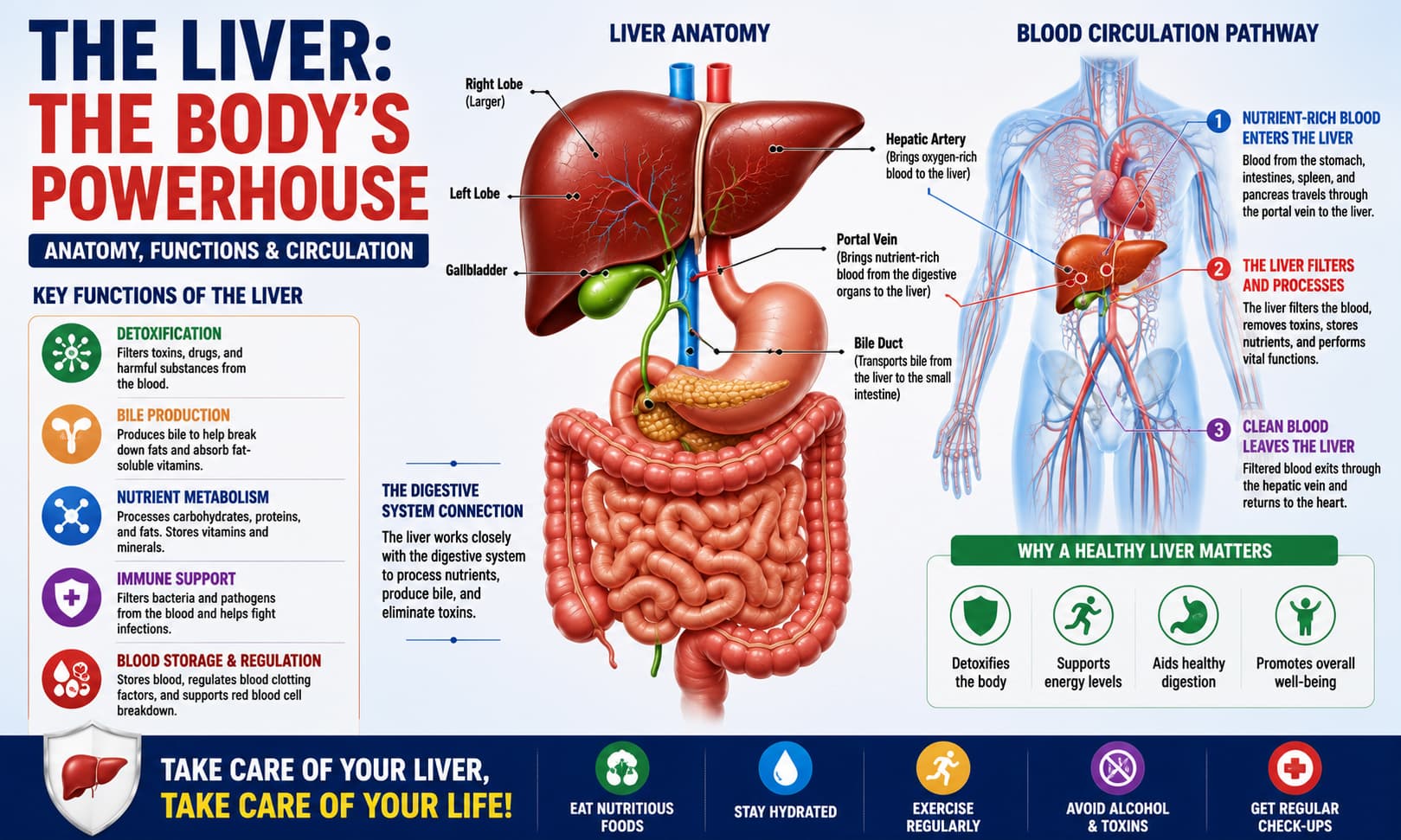 A detailed anatomical illustration showing the human liver, digestive system, and blood circulation pathways, with labels explaining key liver functions.