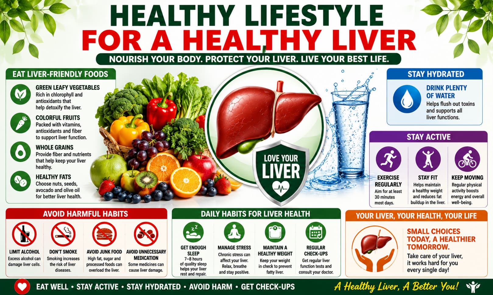 Healthy lifestyle infographic with fresh vegetables, fruits, drinking water, exercise activities and liver health symbols.