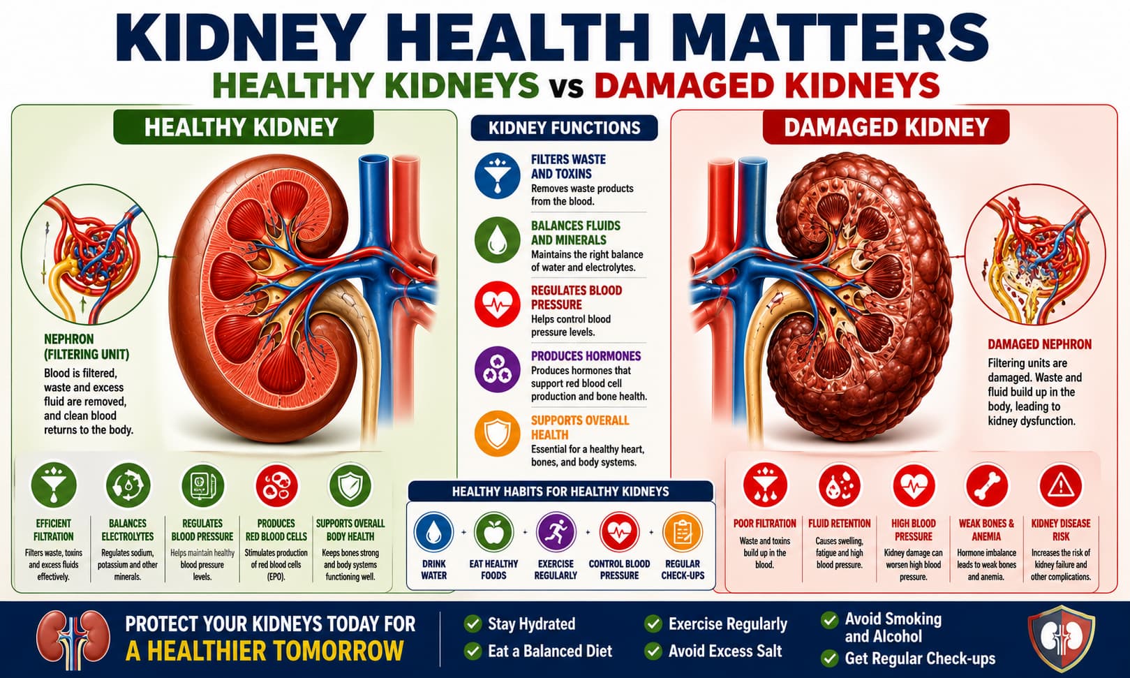 A detailed medical illustration showing healthy kidneys compared to damaged kidneys, with labels highlighting kidney function and filtration processes.