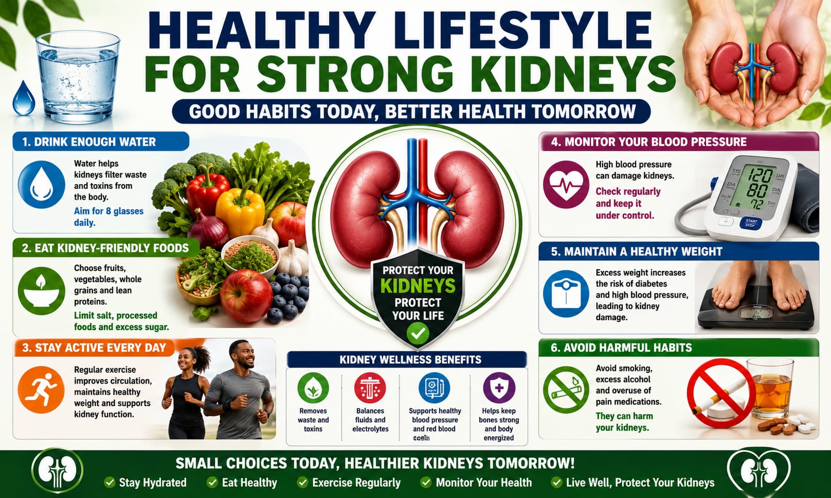 A healthy lifestyle infographic featuring water intake, nutritious foods, exercise, blood pressure monitoring, and kidney wellness symbols.