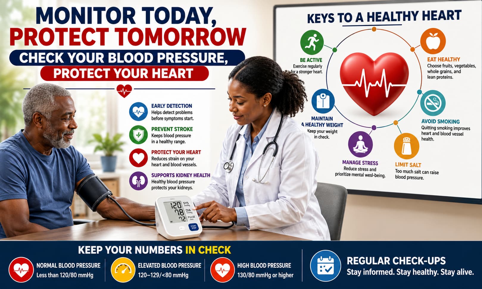 A healthcare professional checking a patient's blood pressure using a digital monitor, with a heart-health infographic displayed in the background.
