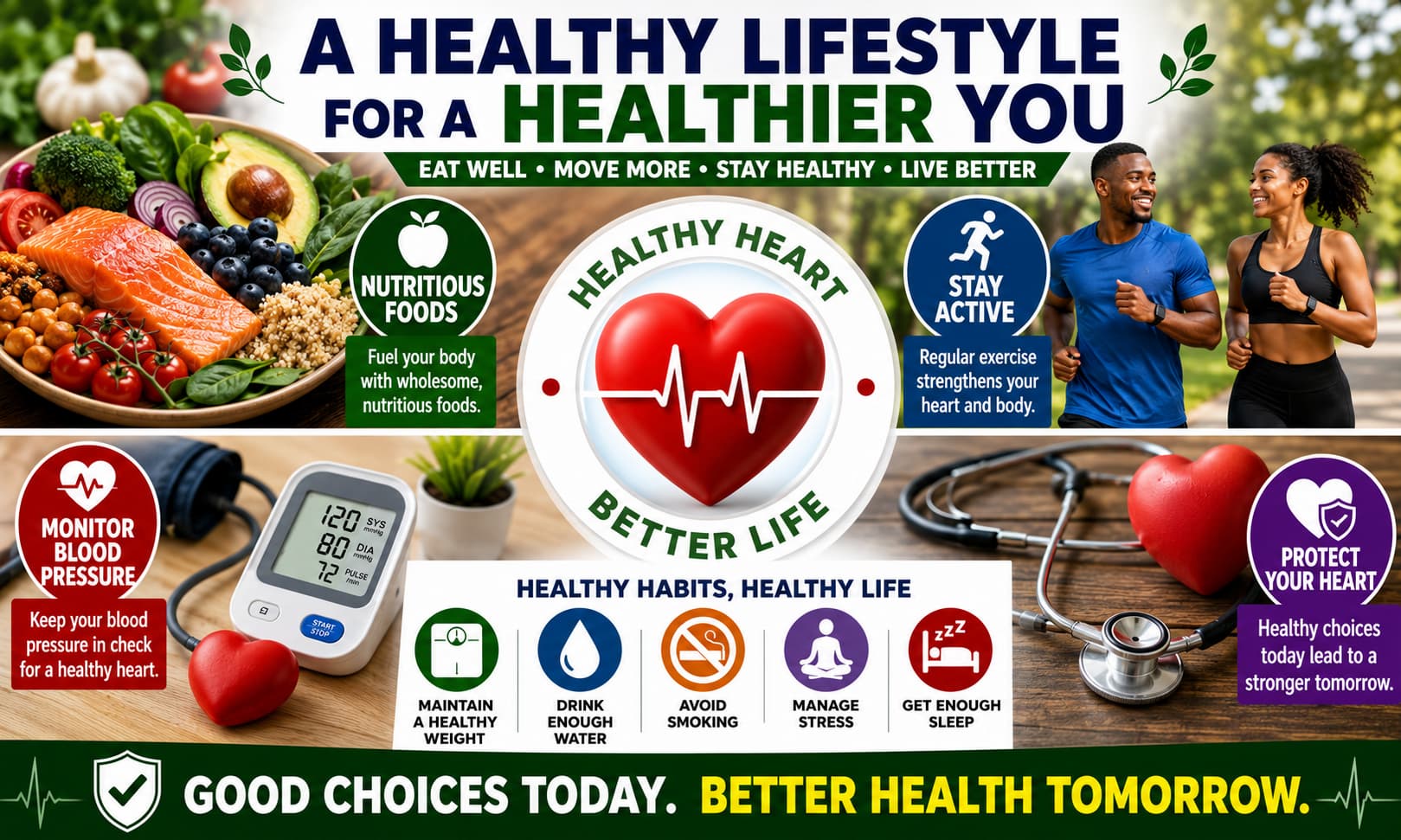 A healthy lifestyle collage showing nutritious foods, exercise, heart-health symbols, and blood pressure monitoring