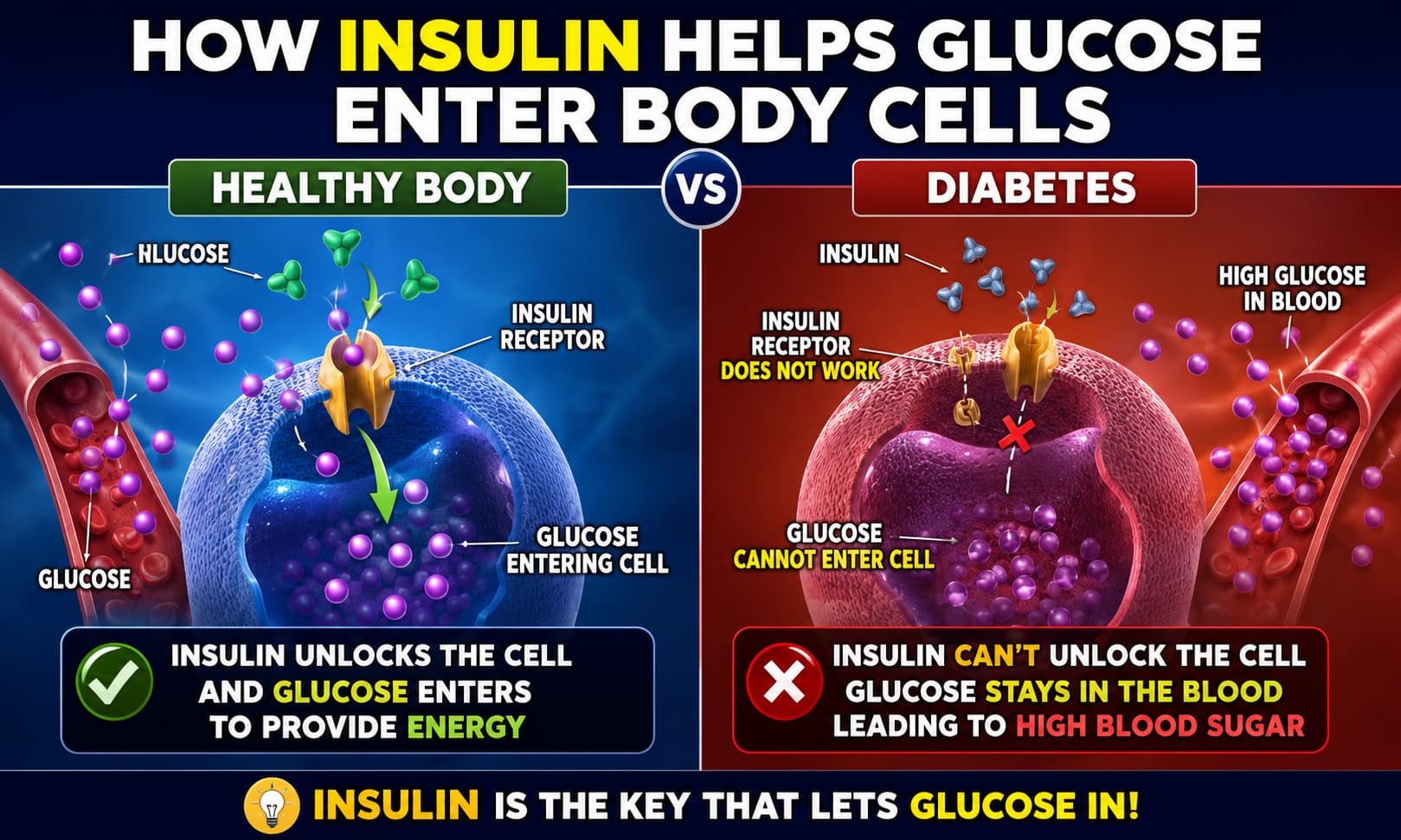 A medical illustration showing how insulin helps glucose enter body cells compared to what happens in diabetes. 