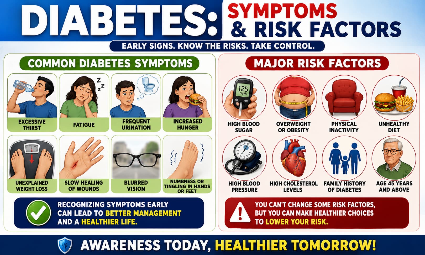 An infographic showing common diabetes symptoms and major risk factors.