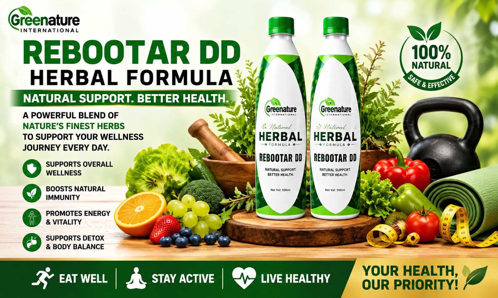 A professional product image of Rebootar DD Herbal Formula displayed alongside healthy lifestyle elements such as fruits, vegetables, and exercise equipment.