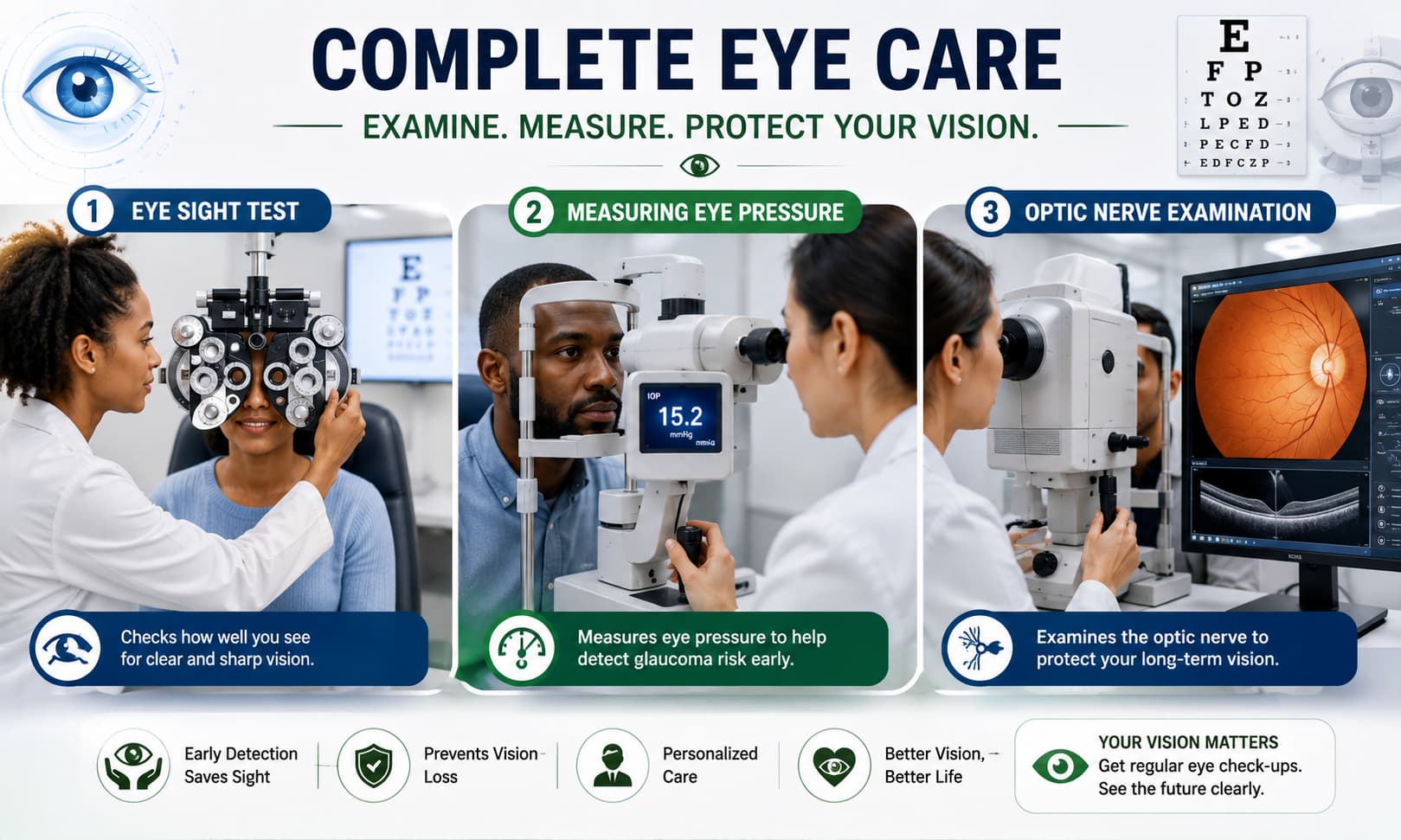 eye care professional performing an eye sight test, measuring eye pressure, and examining the optic
nerve