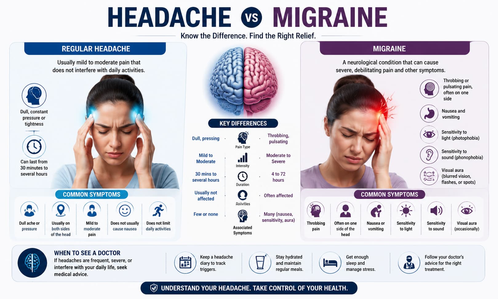 comparing a regular headache with a migraine, highlighting symptoms such as throbbing pain, nausea, light sensitivity, 
sound sensitivity, and visual aura