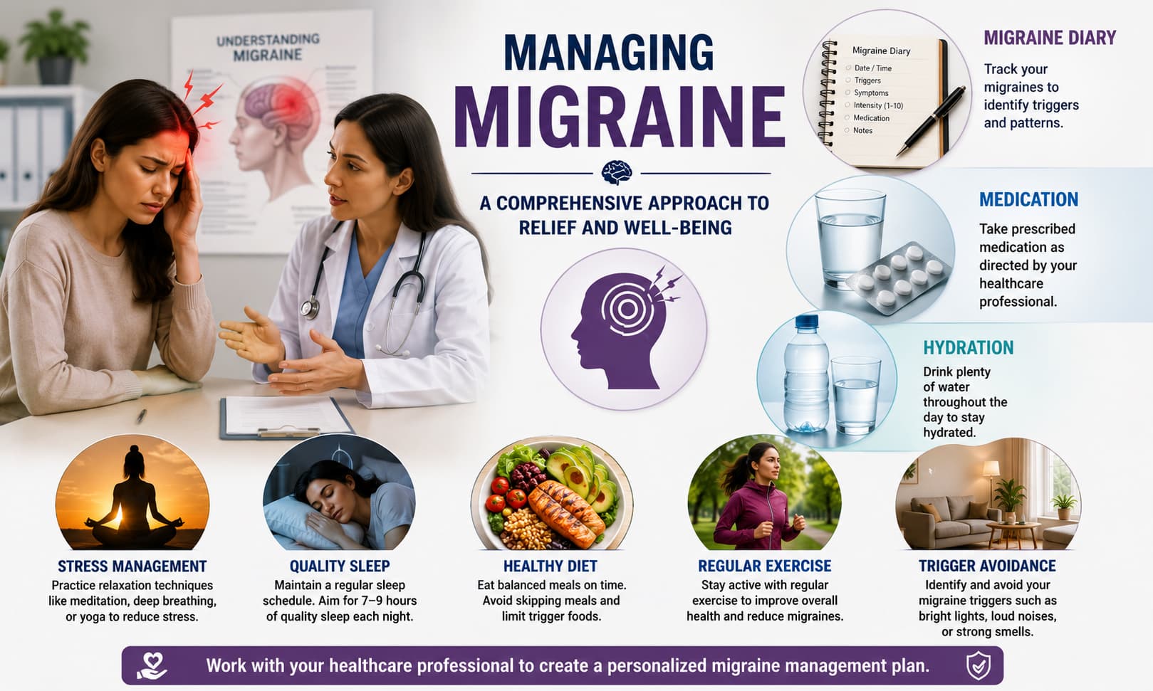 showing a patient consulting a healthcare professional, alongside a migraine diary, medication, hydration, and healthy lifestyle