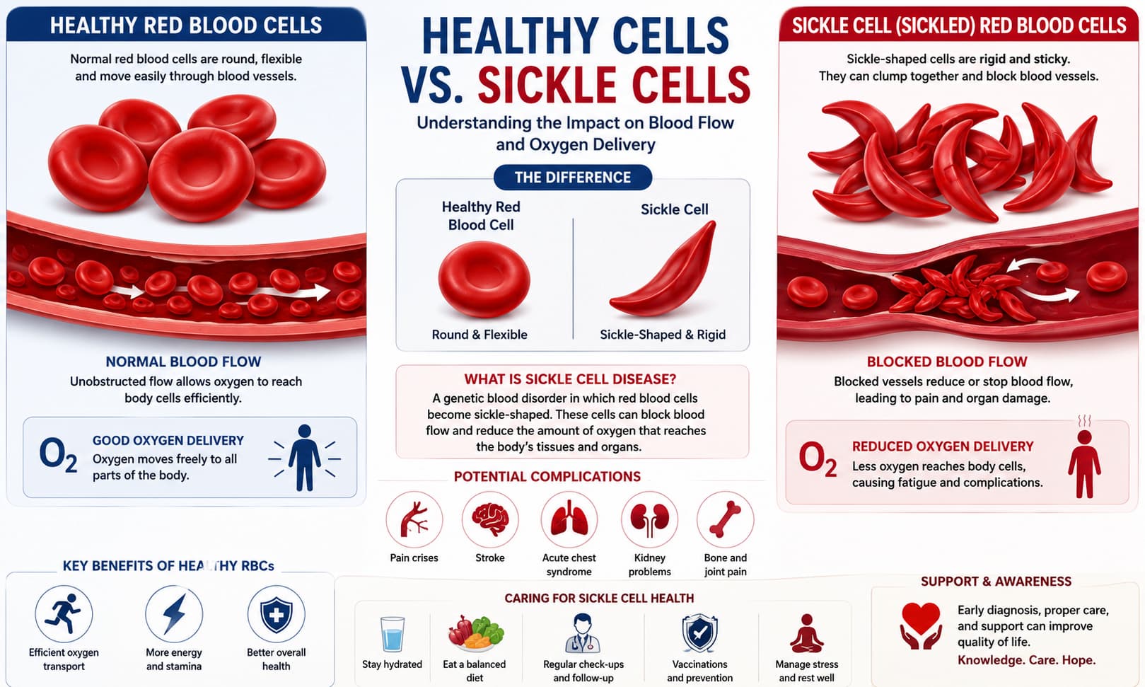 comparing healthy round red blood cells with sickle-shaped red blood cells