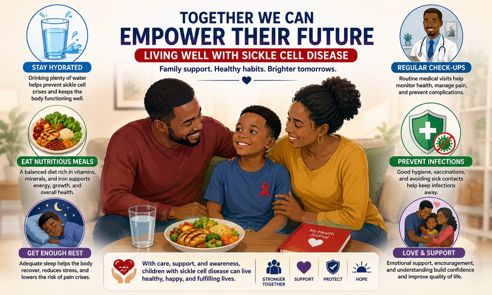showing a family supporting a child with sickle cell disease through hydration, healthy meals, rest, regular medical check-ups, and infection prevention