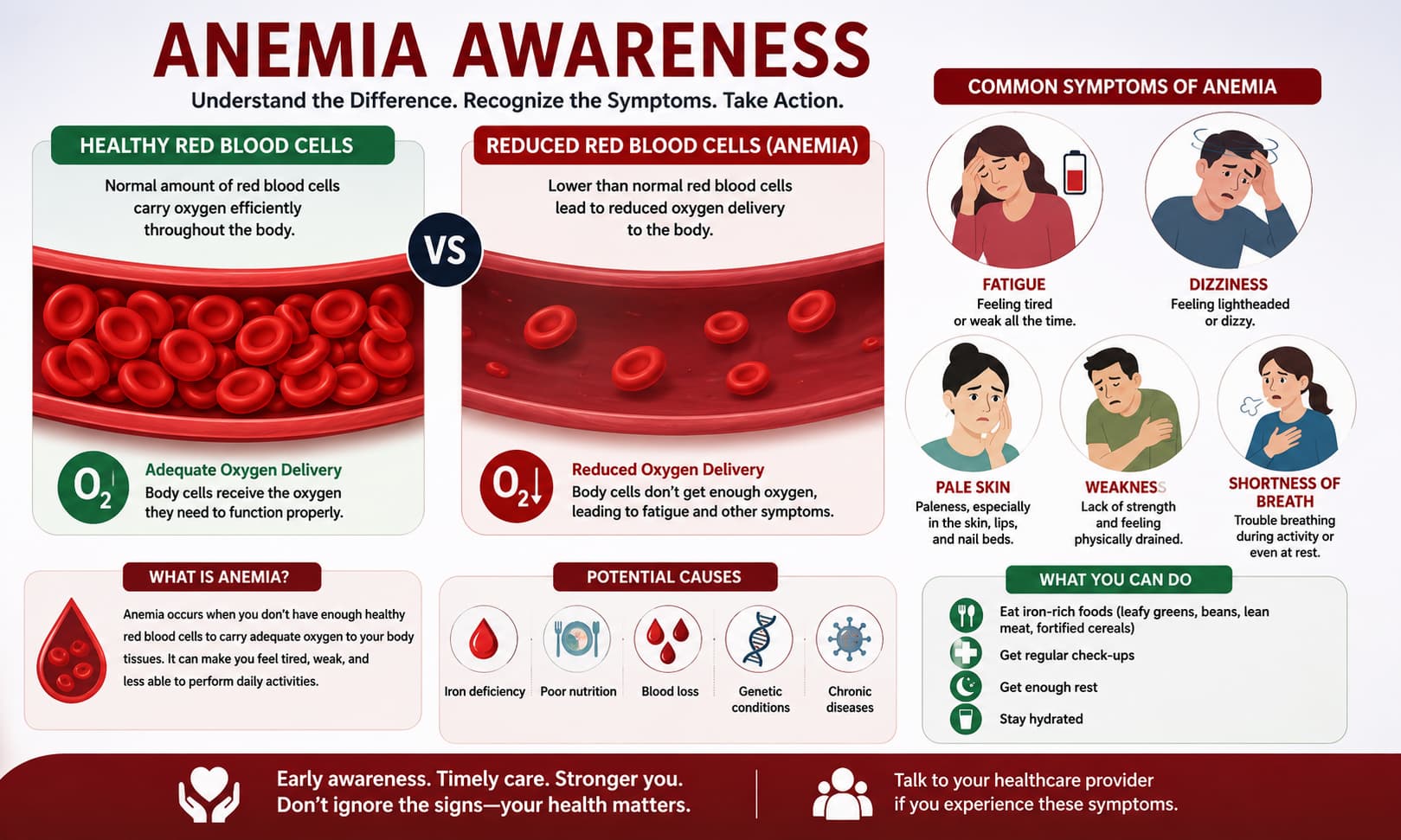 showing healthy red blood cells compared with reduced red blood cells, alongsidesymptoms such as fatigue, dizziness, pale skin, weakness, and shortness of breath