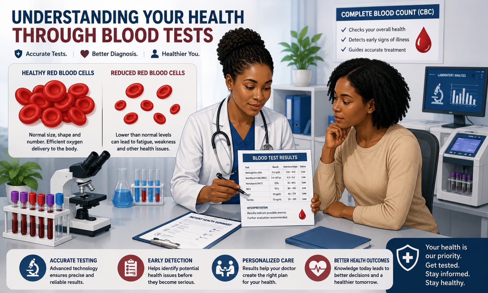showing a healthcare professional reviewing blood test results with a patient, alongside laboratory equipment and healthy red blood cell diagrams
