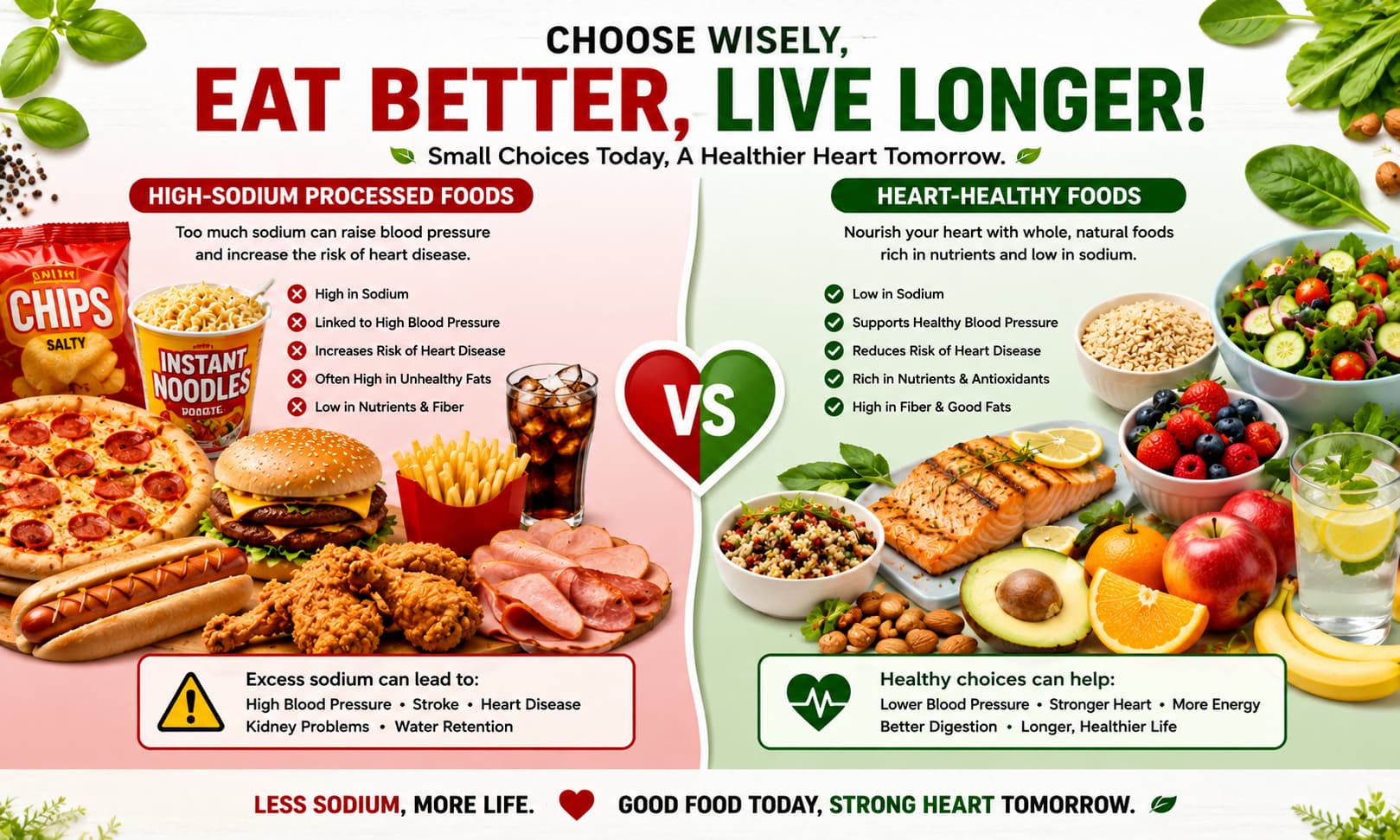 infographic comparing high-sodium processed foods with heart-healthy foods such as fruits, vegetables, fish, whole grains, and low-sodium meals