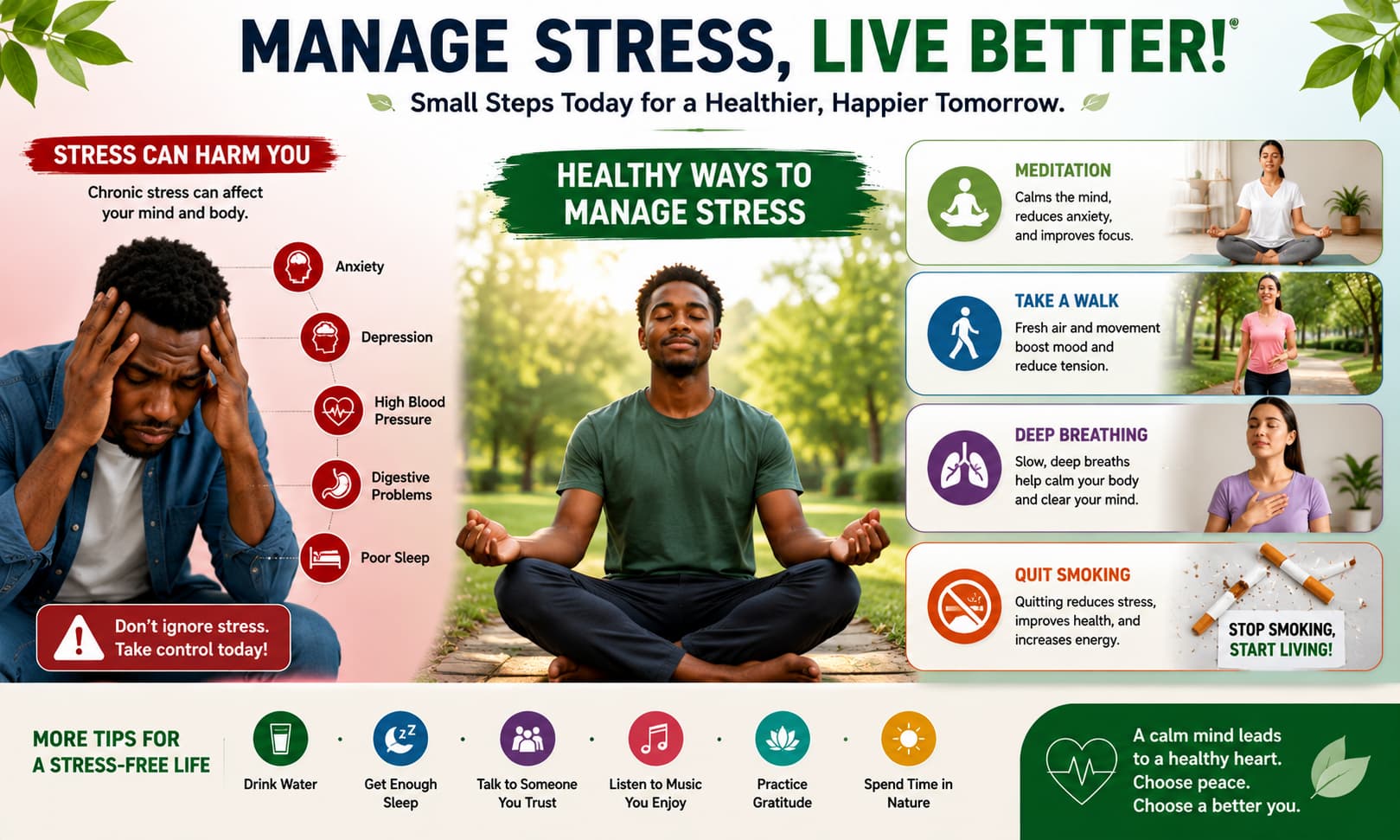  stressed individual ,  healthy stress-management , meditation, walking, deep breathing,  quitting smoking