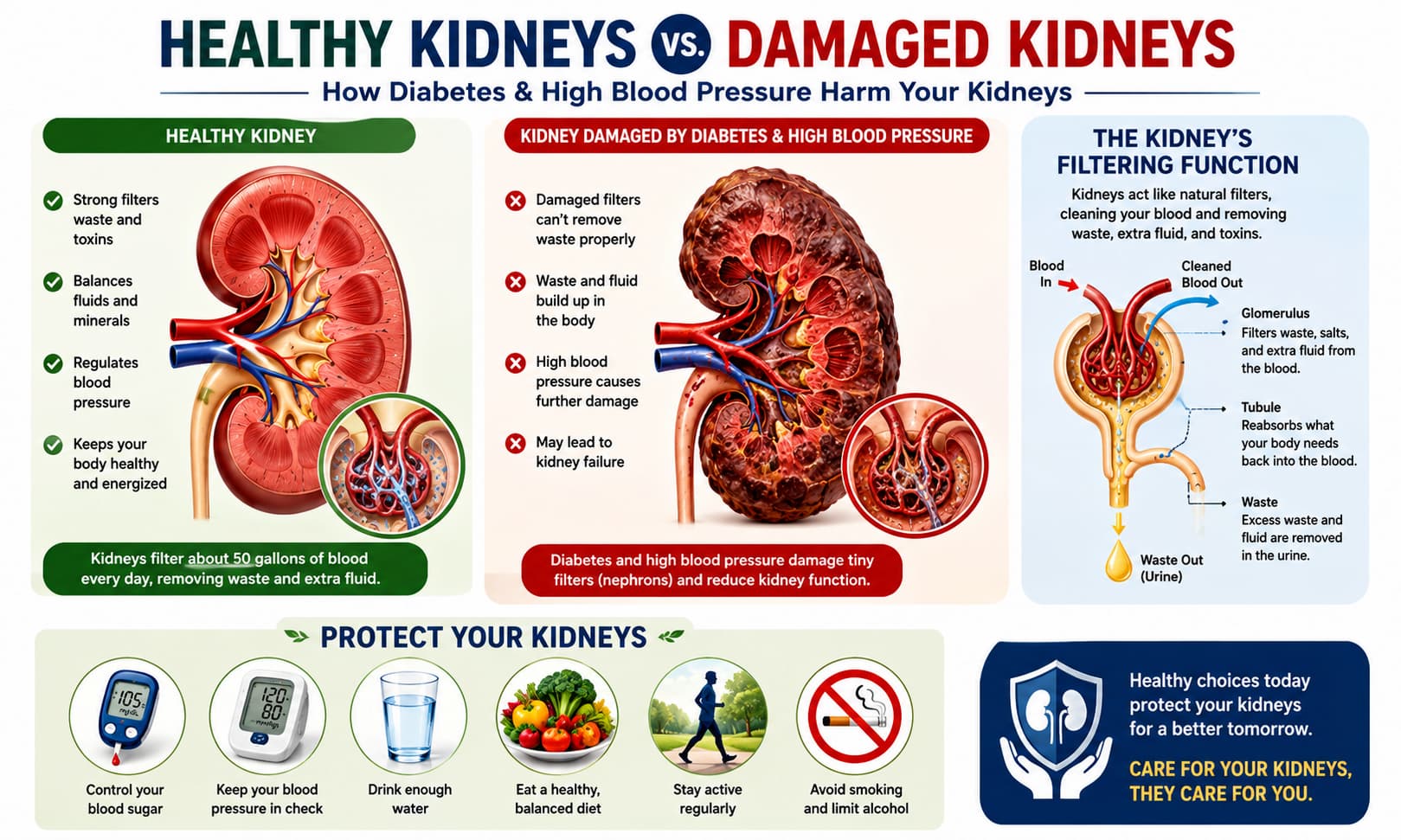 showing healthy kidneys compared with kidneys damaged by diabetes andhigh blood pressure, highlighting the kidney's filtering function