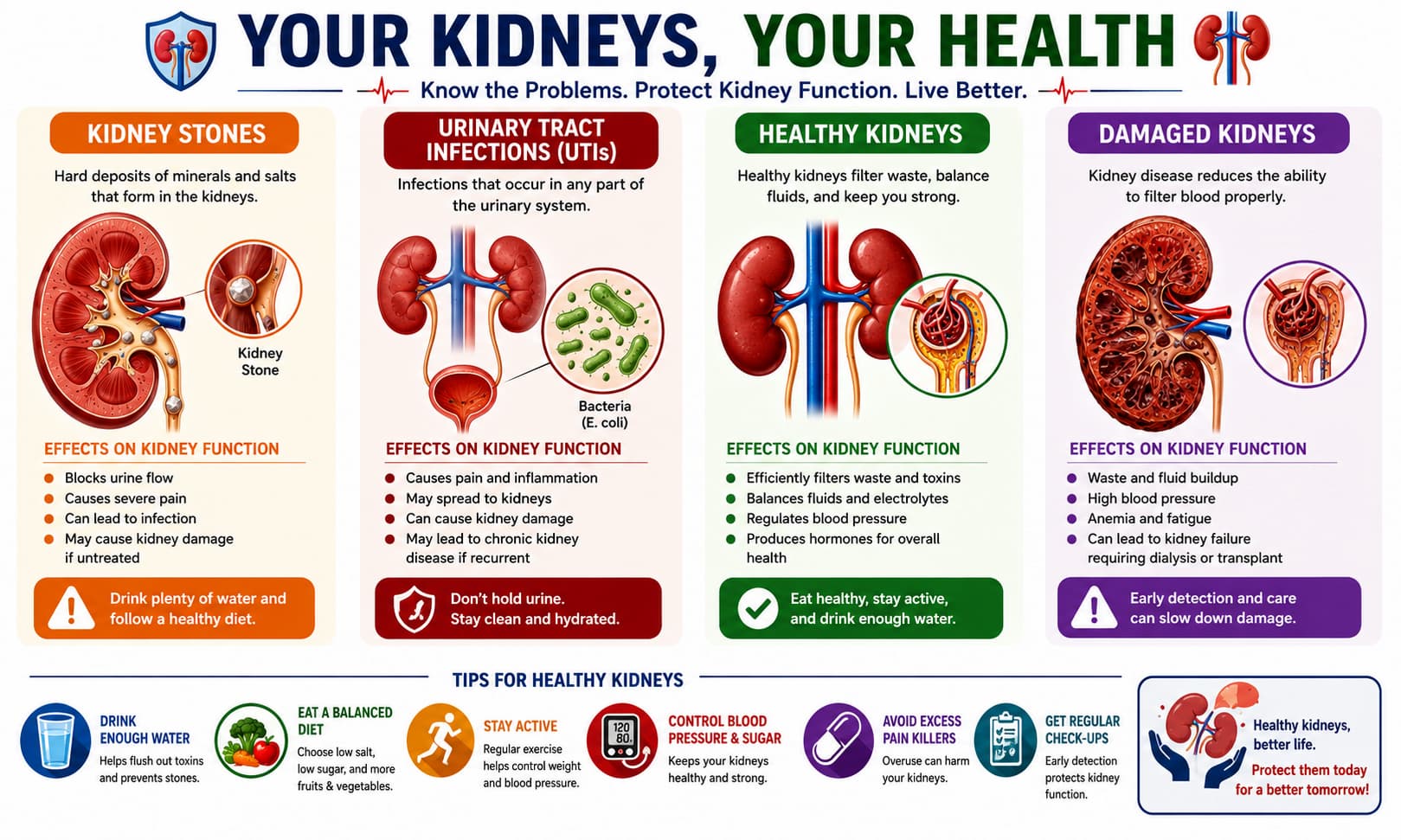 illustrating kidney stones, urinary tract infections, healthy kidneys, and damaged kidneys 