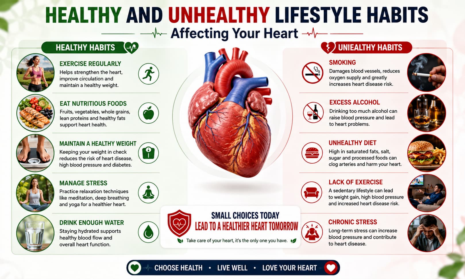 showing healthy and unhealthy lifestyle habits affecting the heart, including smoking, exercise, nutritious foods, obesity, alcohol, and stress