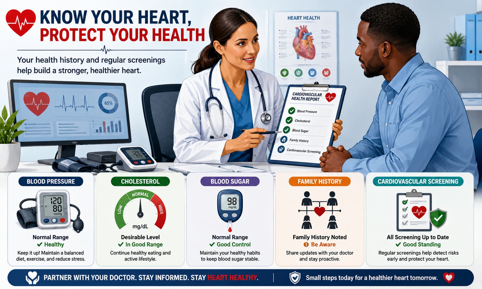healthcare professional reviewing blood pressure, cholesterol, blood sugar, family history,and cardiovascular screening results with a patient