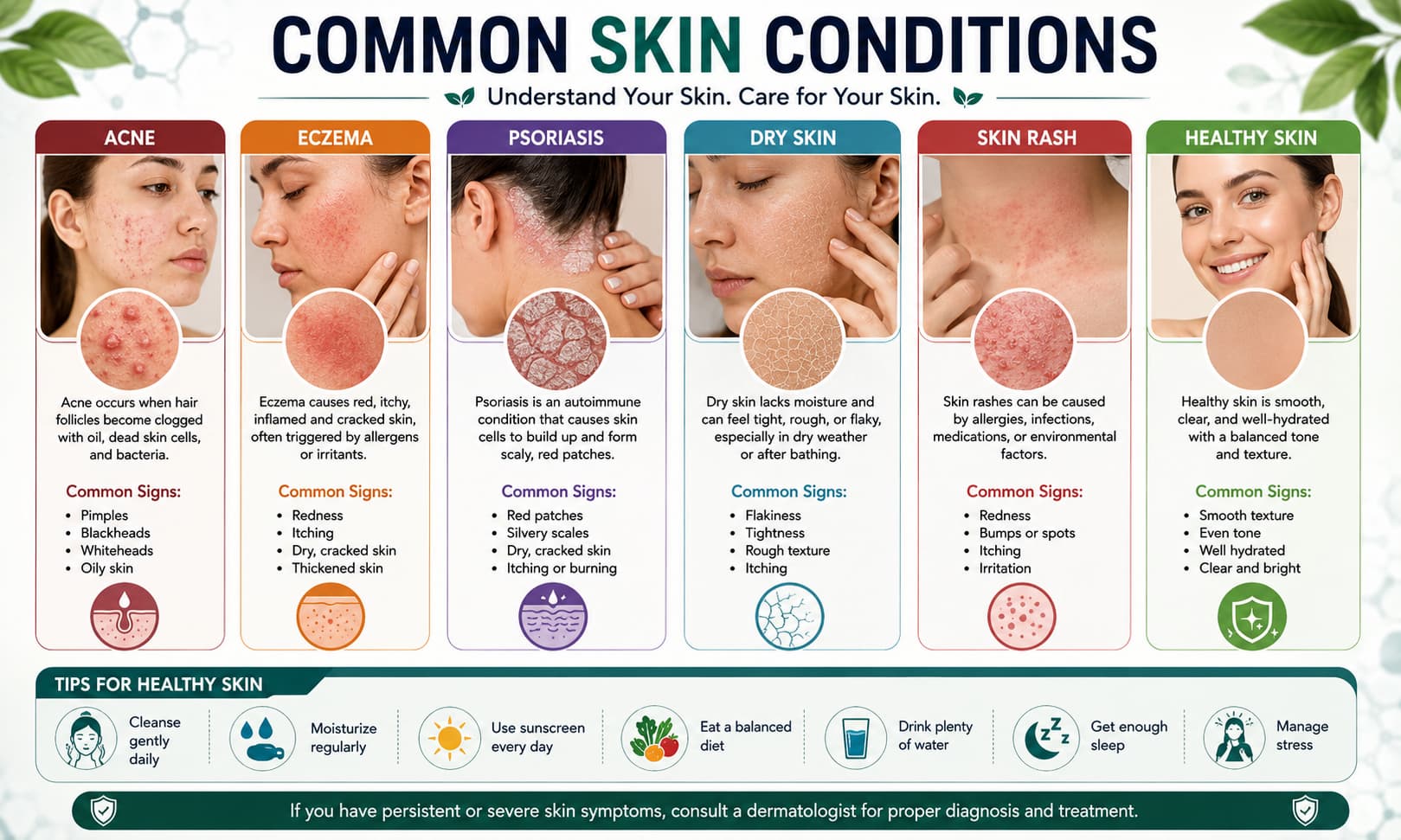 common skin conditions such as acne, eczema, psoriasis, dry skin, skin rash, and healthy skin for comparison