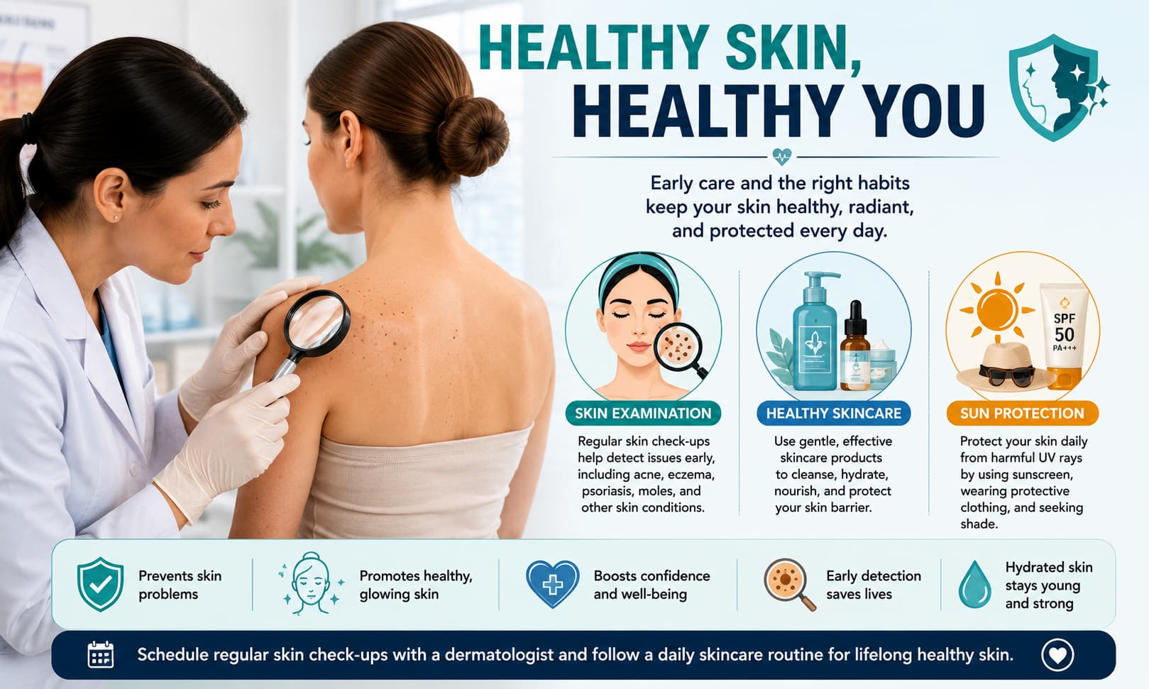 a dermatologist examining a patient's skin with magnification, alongside icons representingskin examination, healthy skincare products, and sun protection