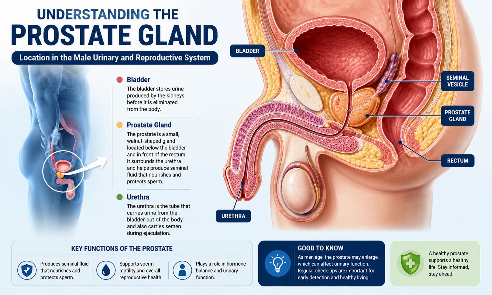showing the location of the prostate gland within the male urinary and reproductive system, with labels 
identifying the bladder, urethra, and prostate