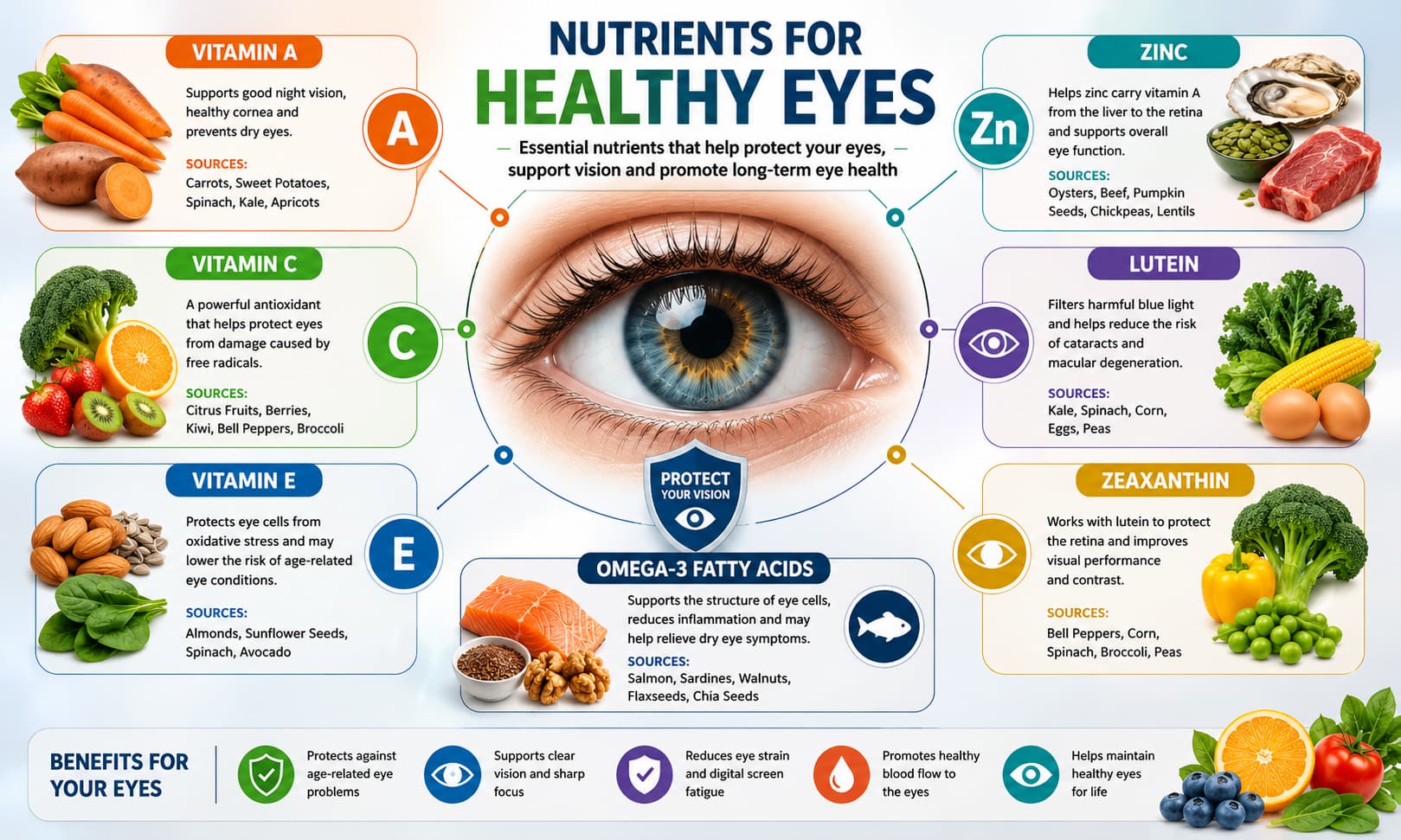 showing nutrients such as vitamin A, vitamin C, vitamin E, zinc, lutein, zeaxanthin, and omega-3 alongside healthy eyes and their food sources