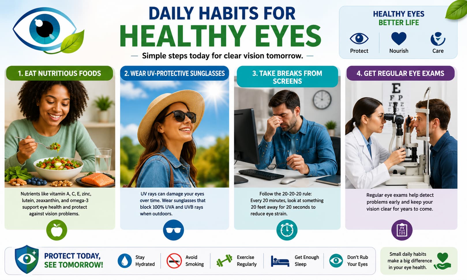 showing a person eating healthy foods, wearing UV-protective sunglasses, taking breaks from computer screens, 
and receiving a professional eye examination