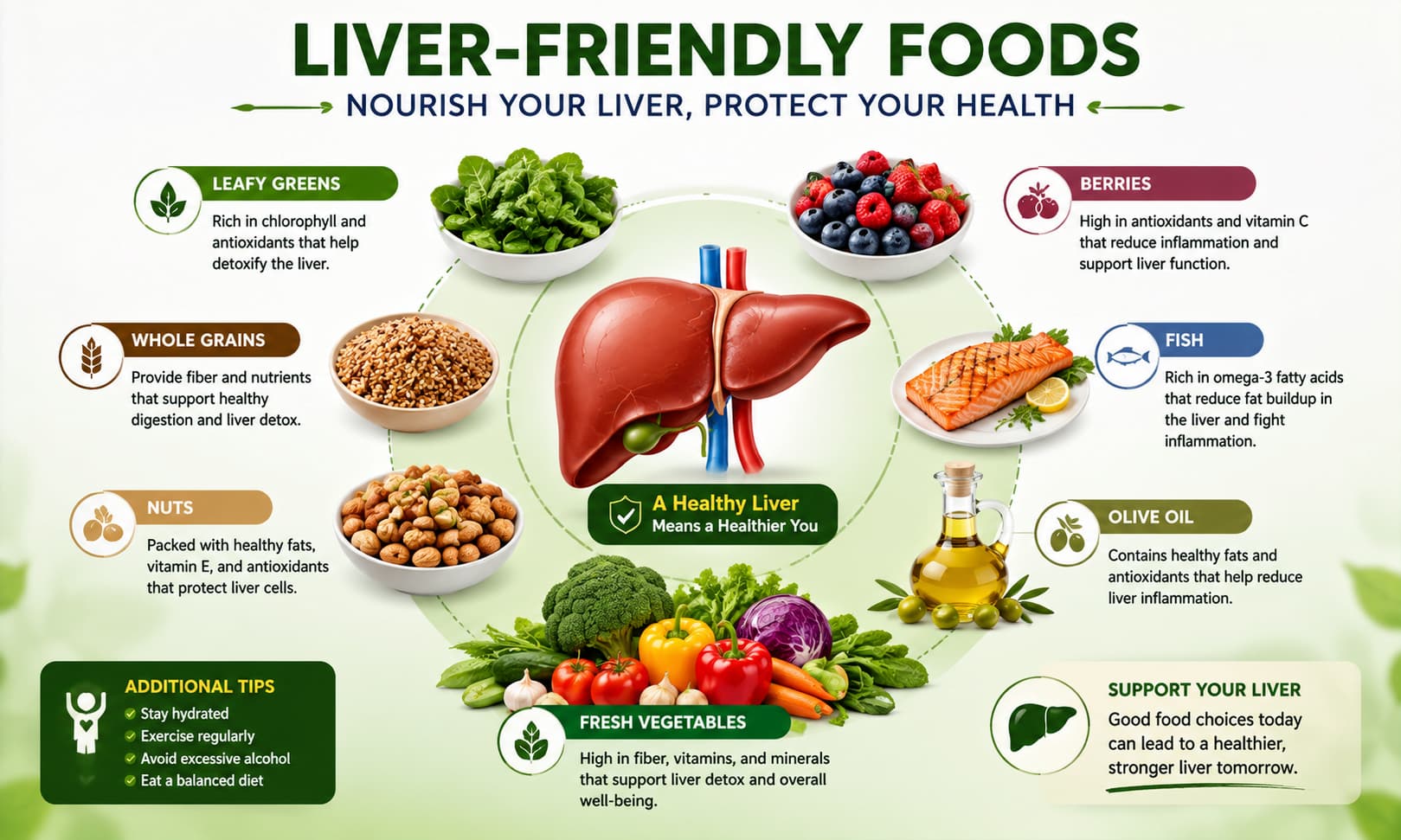 liver-friendly foods such as leafy greens, berries, whole grains, fish, nuts, olive oil, and fresh vegetables