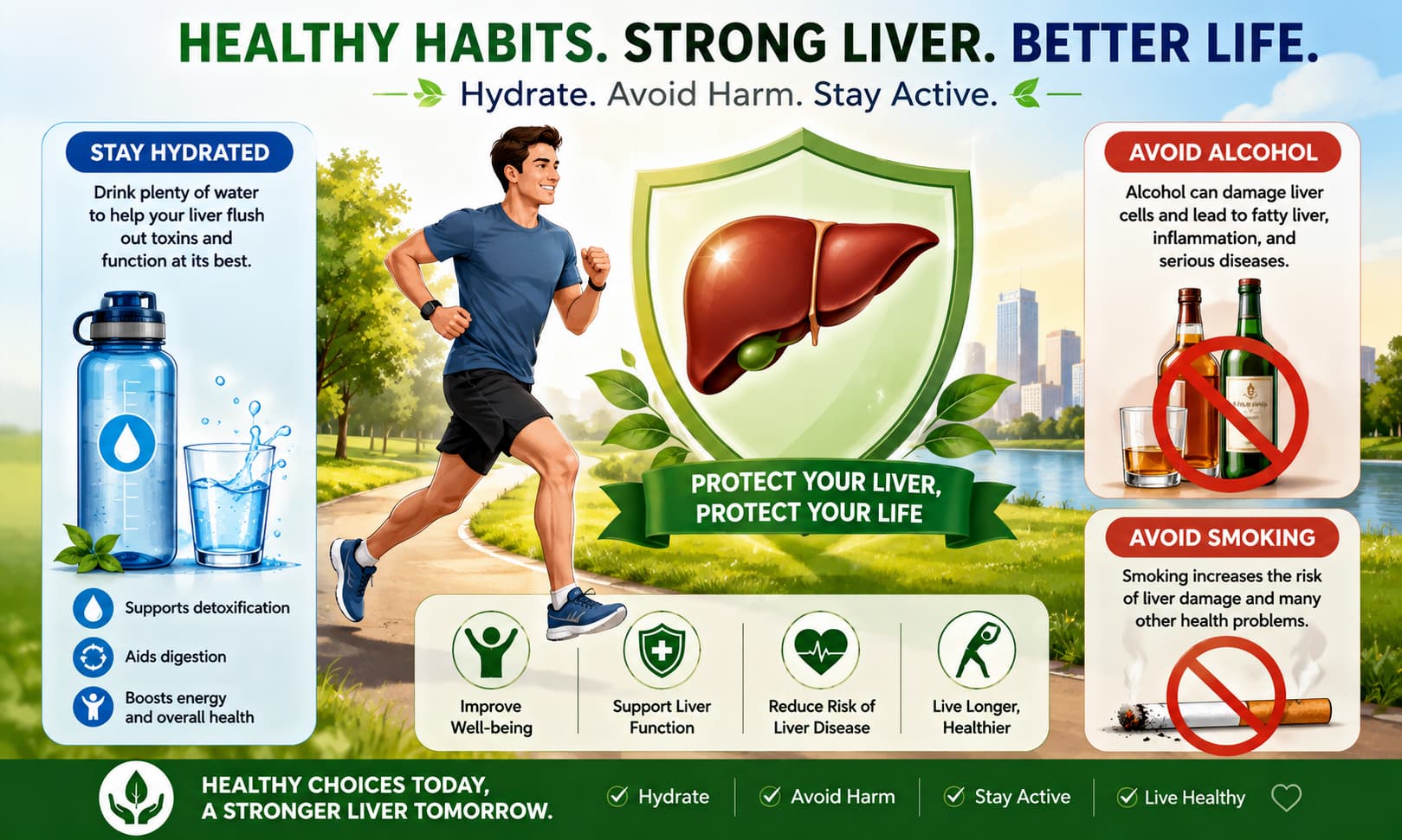 showing healthy hydration, avoiding alcohol and smoking, and a person enjoying an active lifestyle
with a healthy liver icon