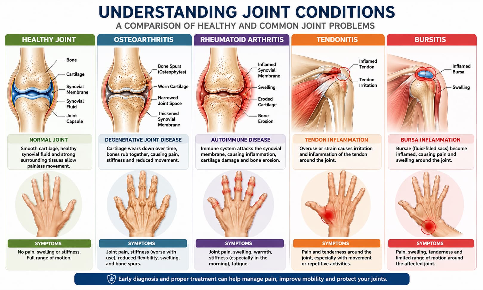 comparing healthy joints, osteoarthritis, rheumatoid arthritis, tendonitis, and bursitis 