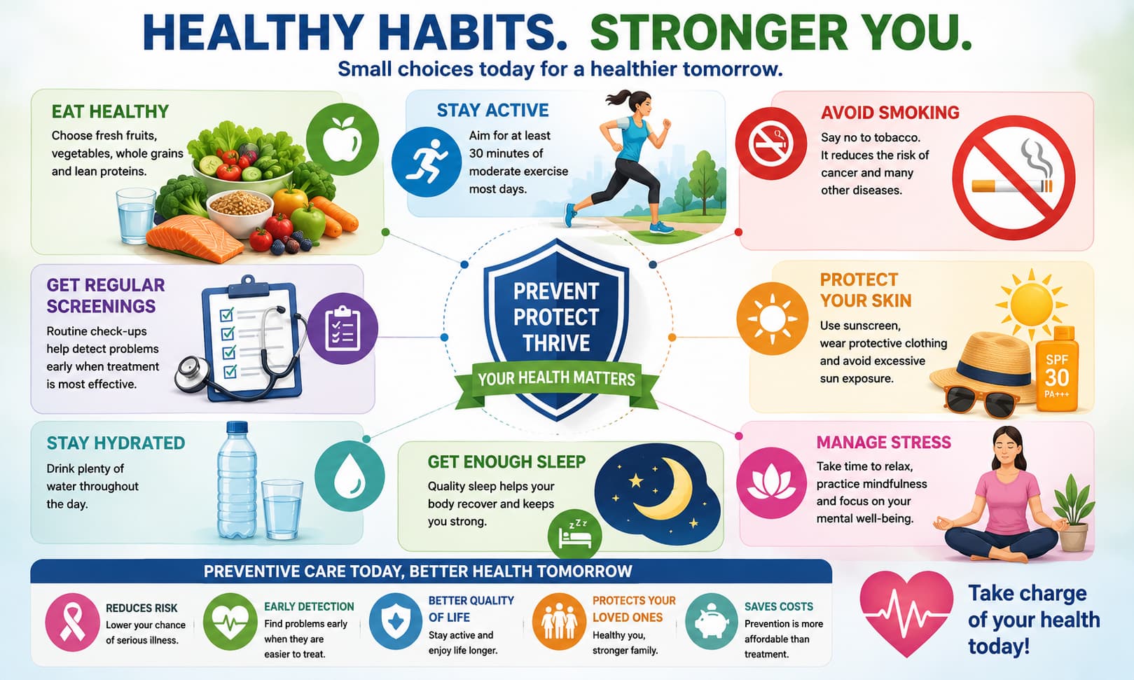 healthy foods, regular exercise, avoiding smoking, medical screening, sun protection, and preventive healthcare symbols