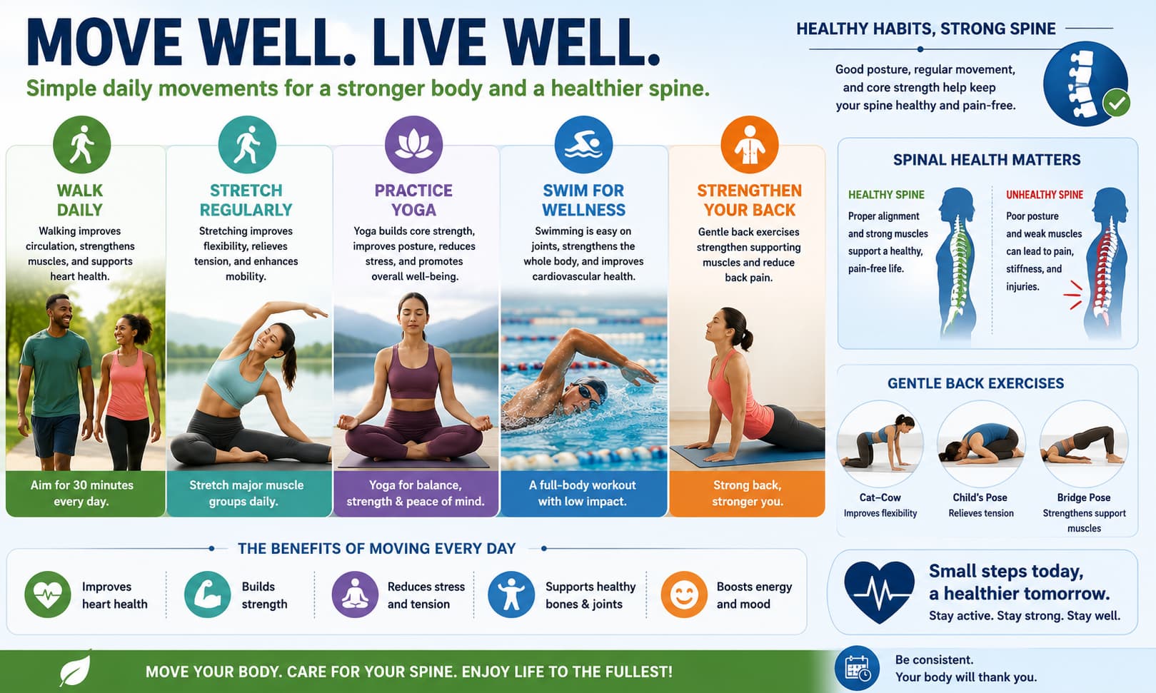 showing people walking, stretching, practicing yoga, swimming, and performing gentle back exercises 