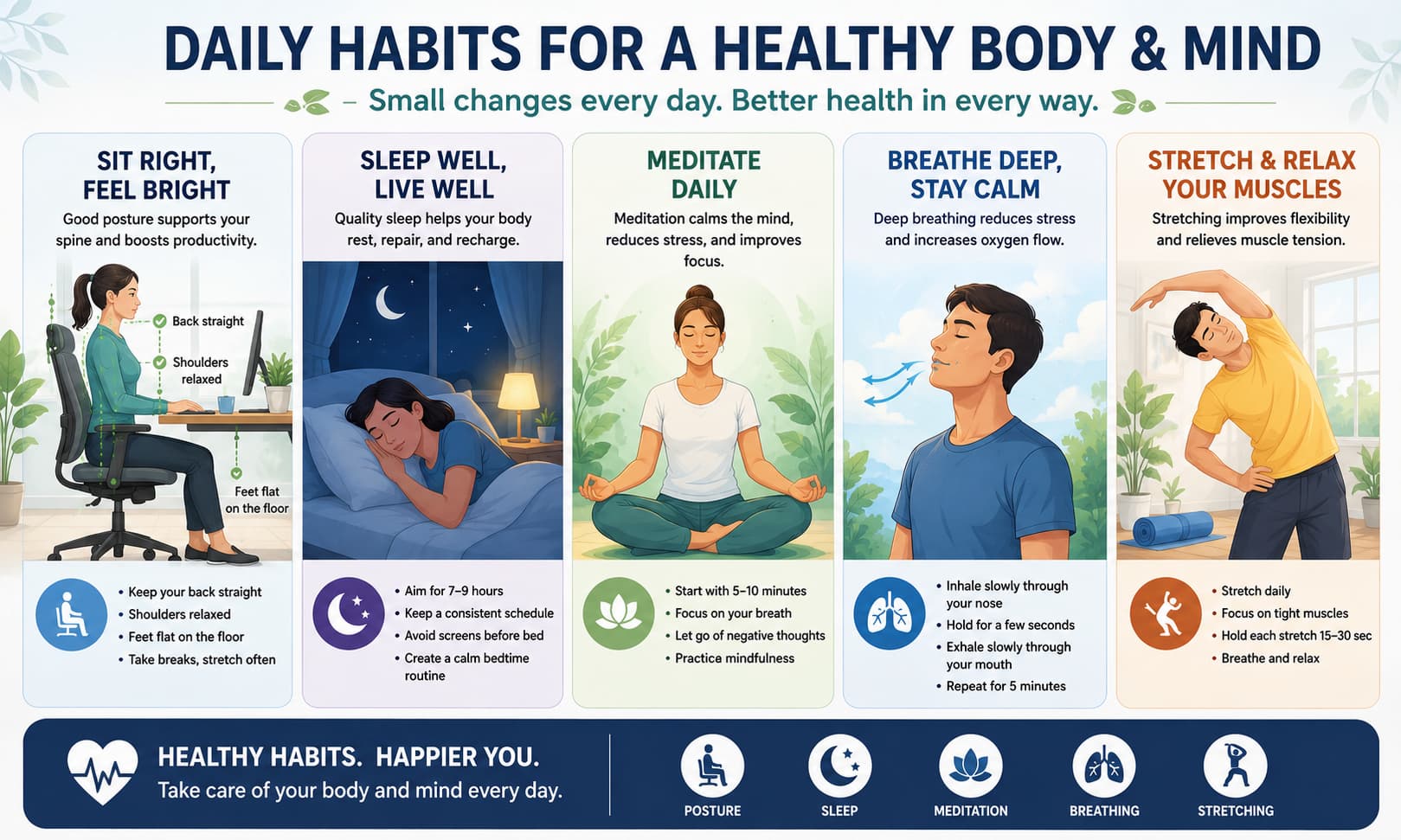 proper sitting posture at a desk, quality sleep, meditation, deep breathing exercises, and a person stretching to relieve muscle tension