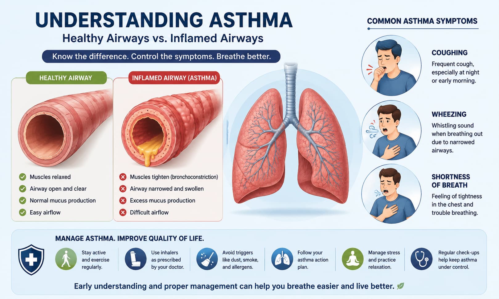 inflamed airways compared with healthy airways, alongside icons representing coughing,wheezing, and shortness of breath