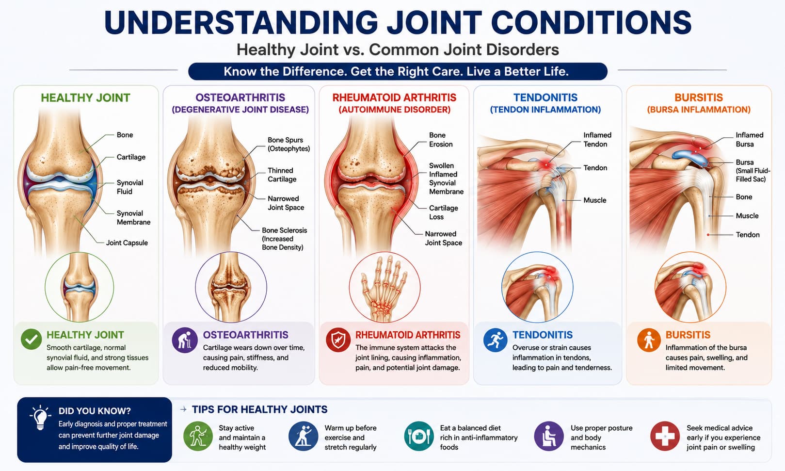 comparing healthy joints, osteoarthritis, rheumatoid arthritis, tendonitis, and bursitis with labeled diagrams