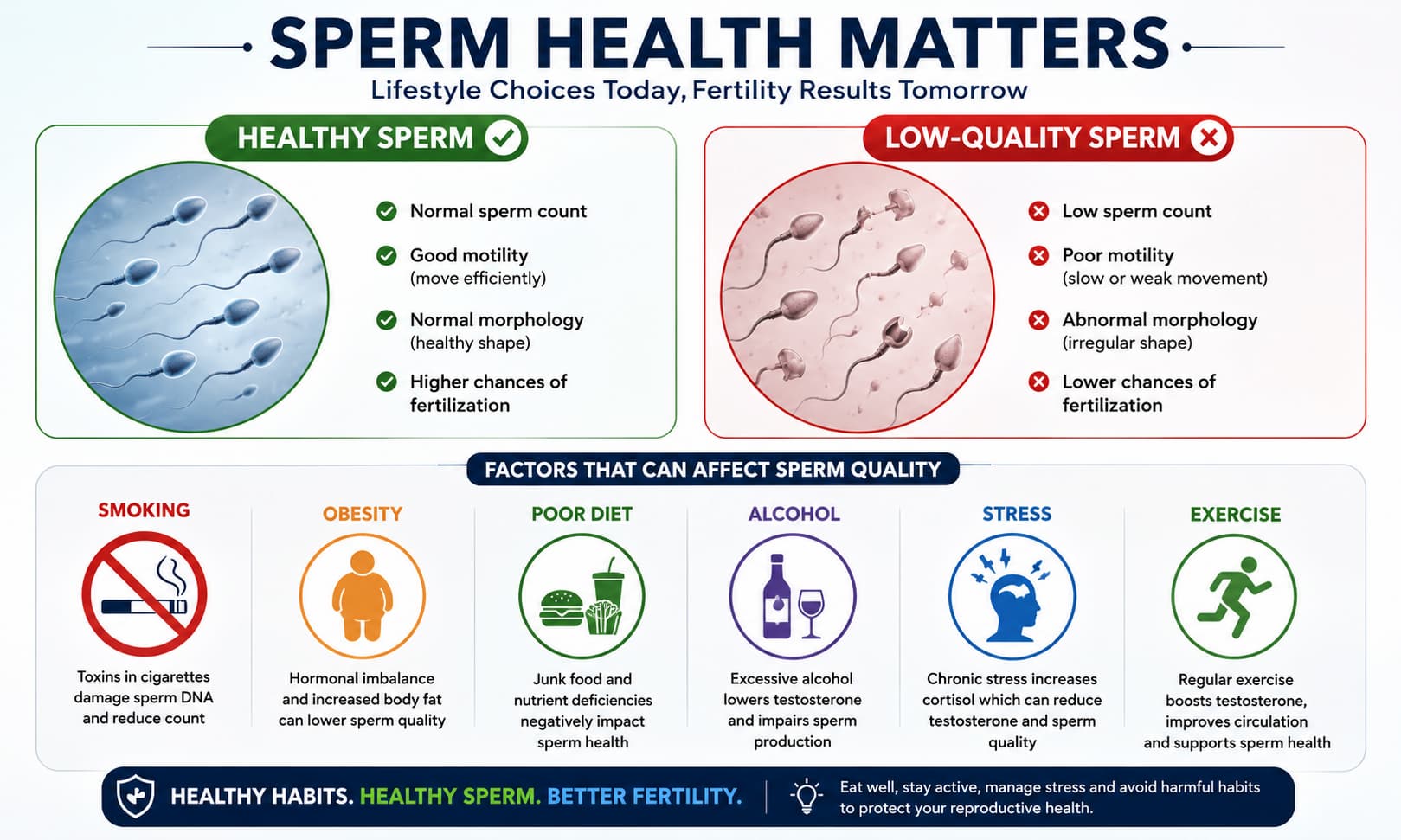 showing healthy sperm versus low-quality sperm, with icons representing smoking, obesity, poor diet, alcohol, stress, and exercise