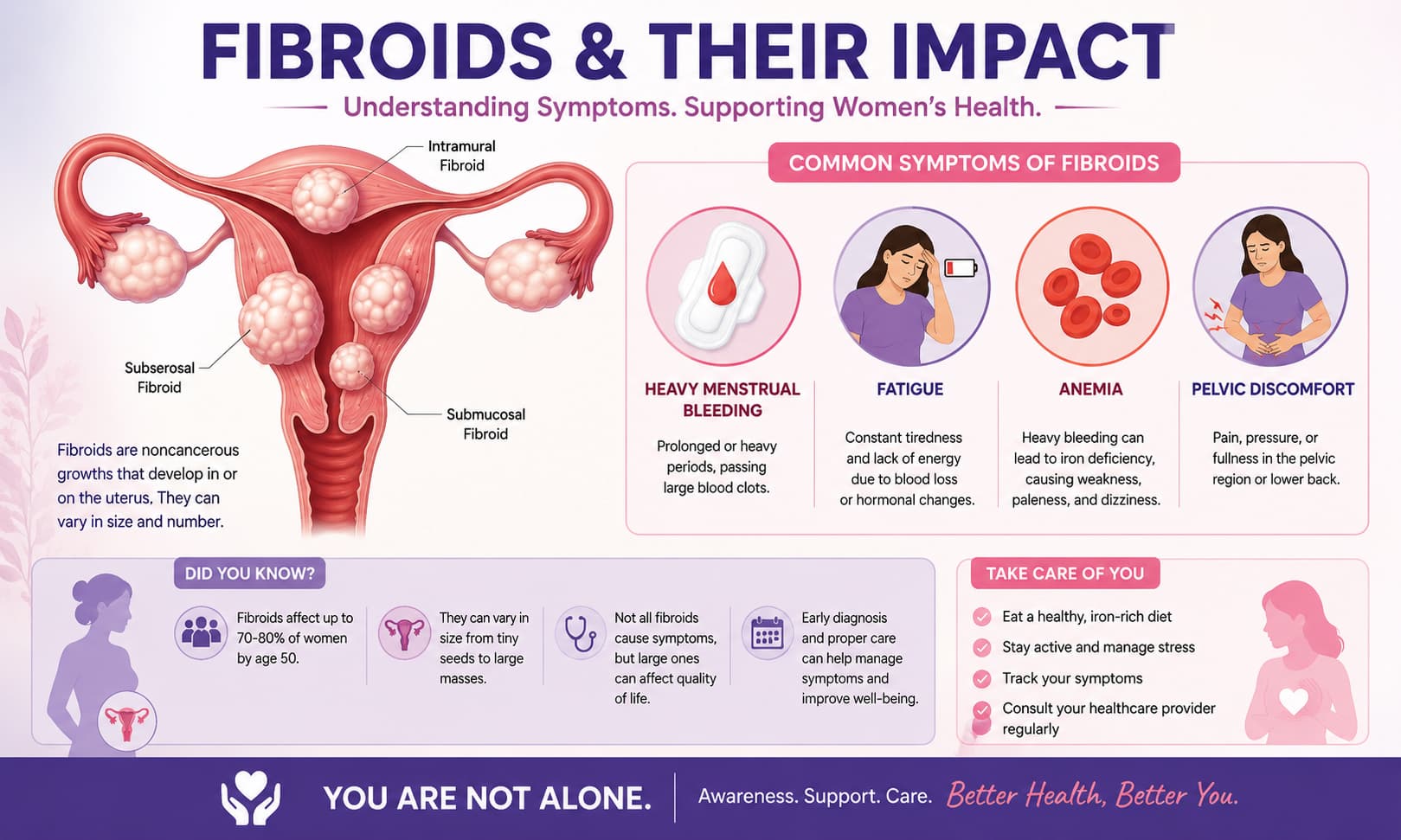 showing the uterus with fibroids alongside an infographic highlighting heavy menstrual bleeding, 
fatigue, anemia, and pelvic discomfort