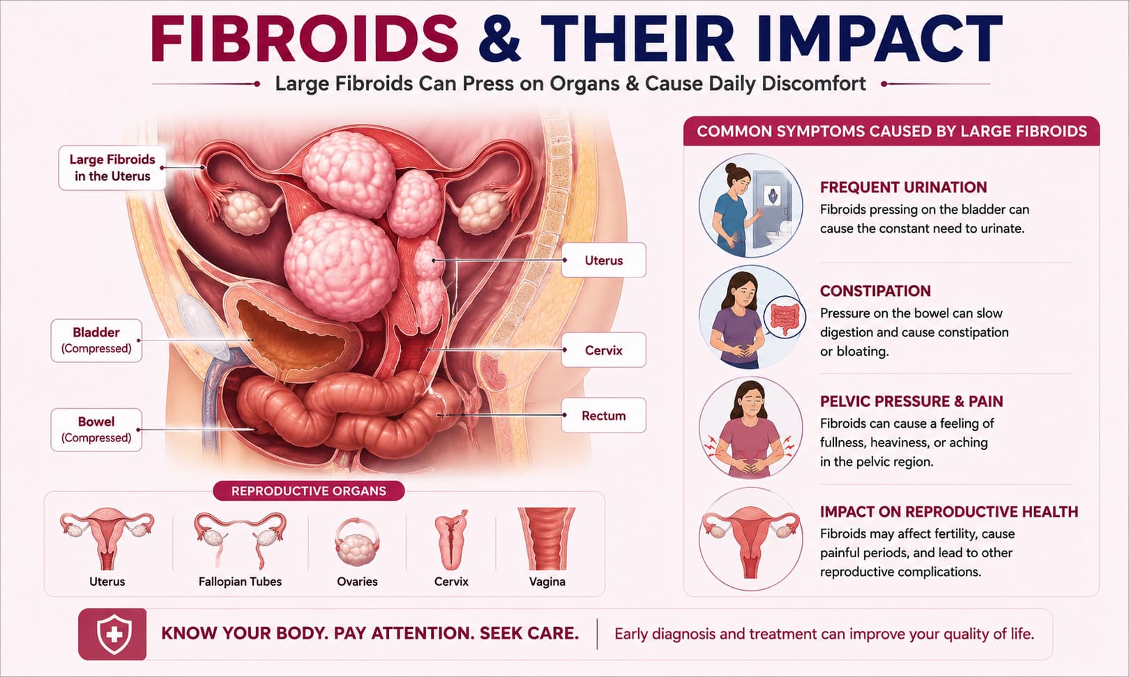 large fibroids pressing against the bladder and bowel, with labels illustrating frequent urination, constipation, 
pelvic pressure, and reproductive organs