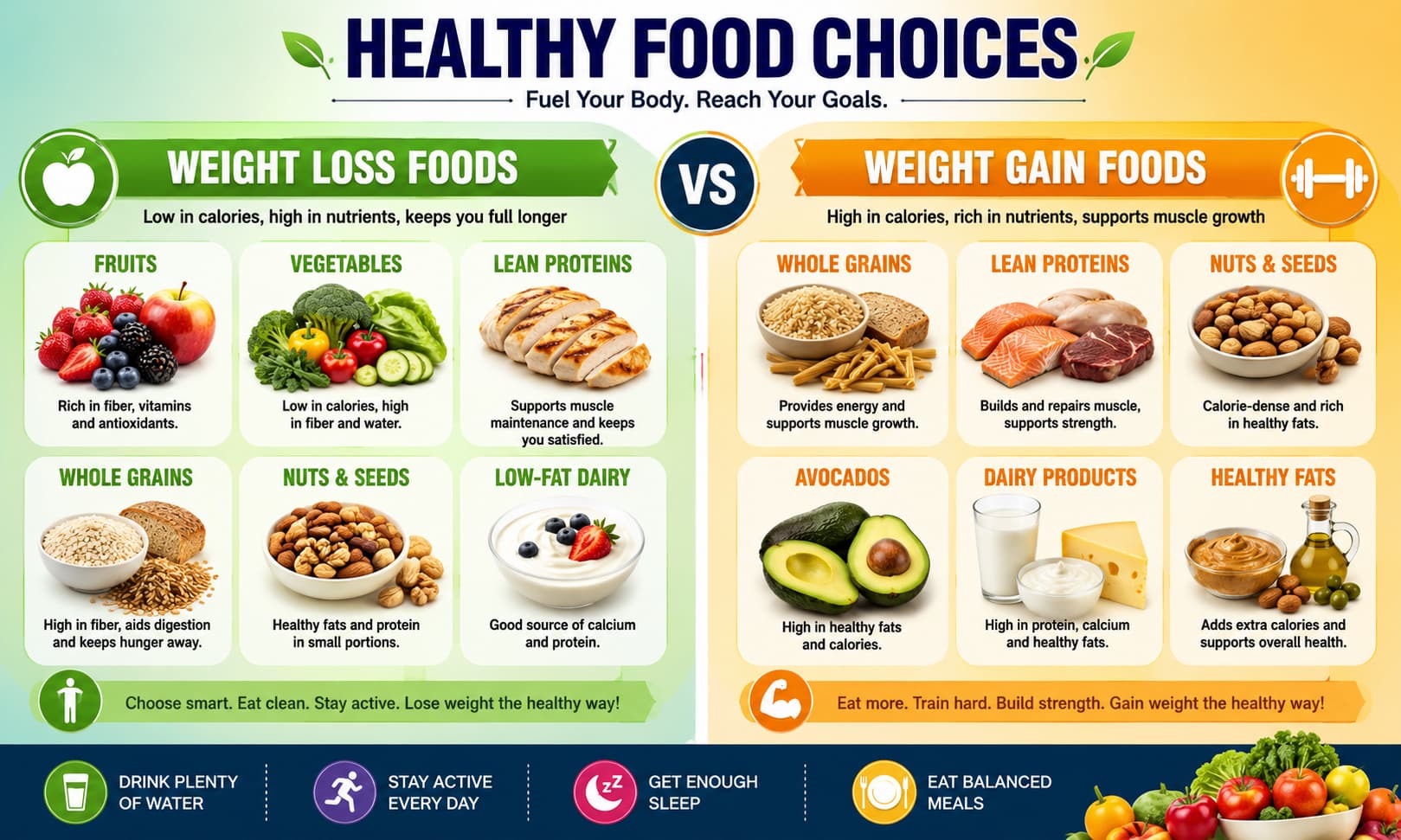 comparing healthy weight-loss foods with nutritious weight gain foods, including fruits, vegetables,lean proteins, nuts, avocados, whole grains, and dairy products